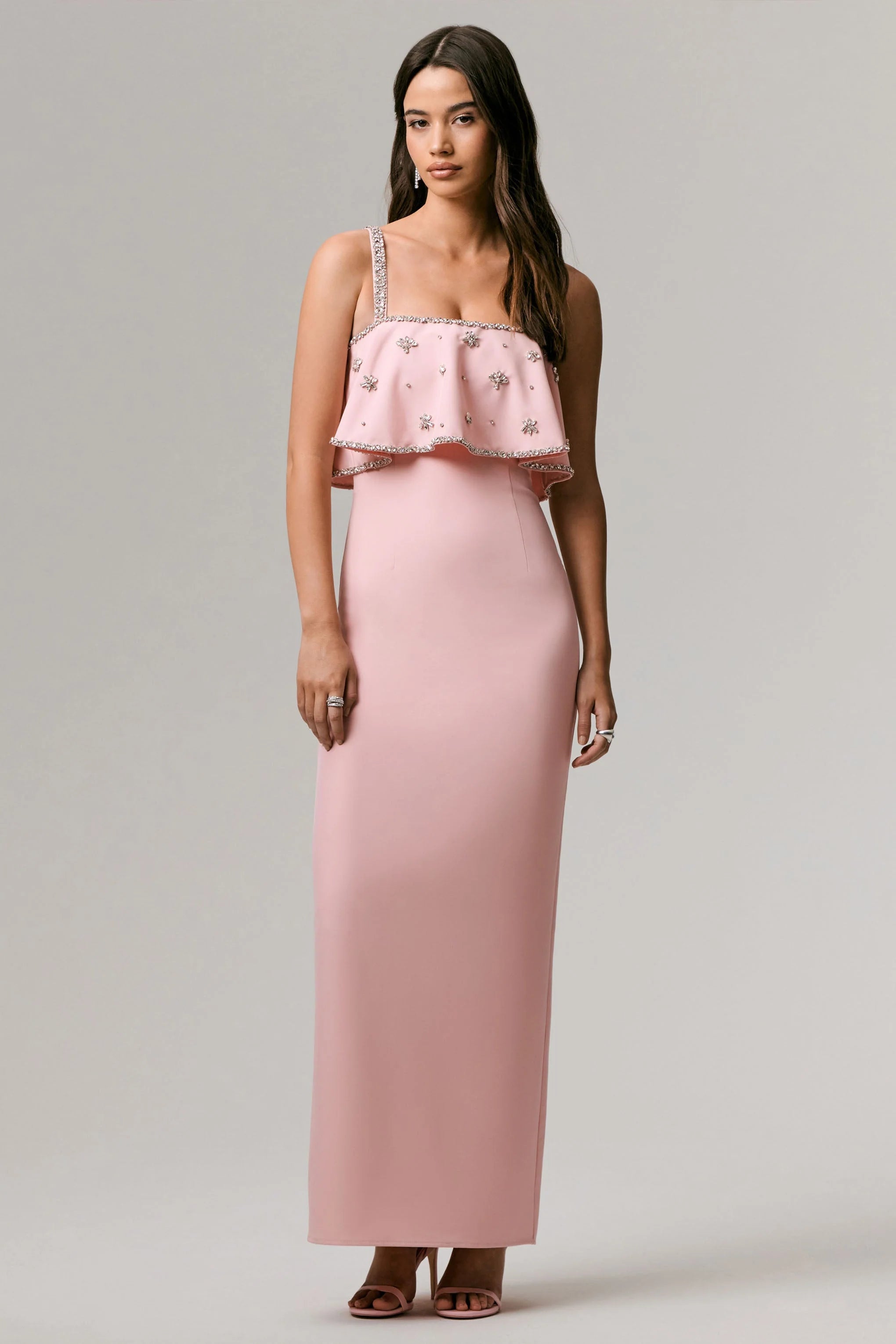 Scarlet Pale Pink Square Neck Embellished Maxi Dress