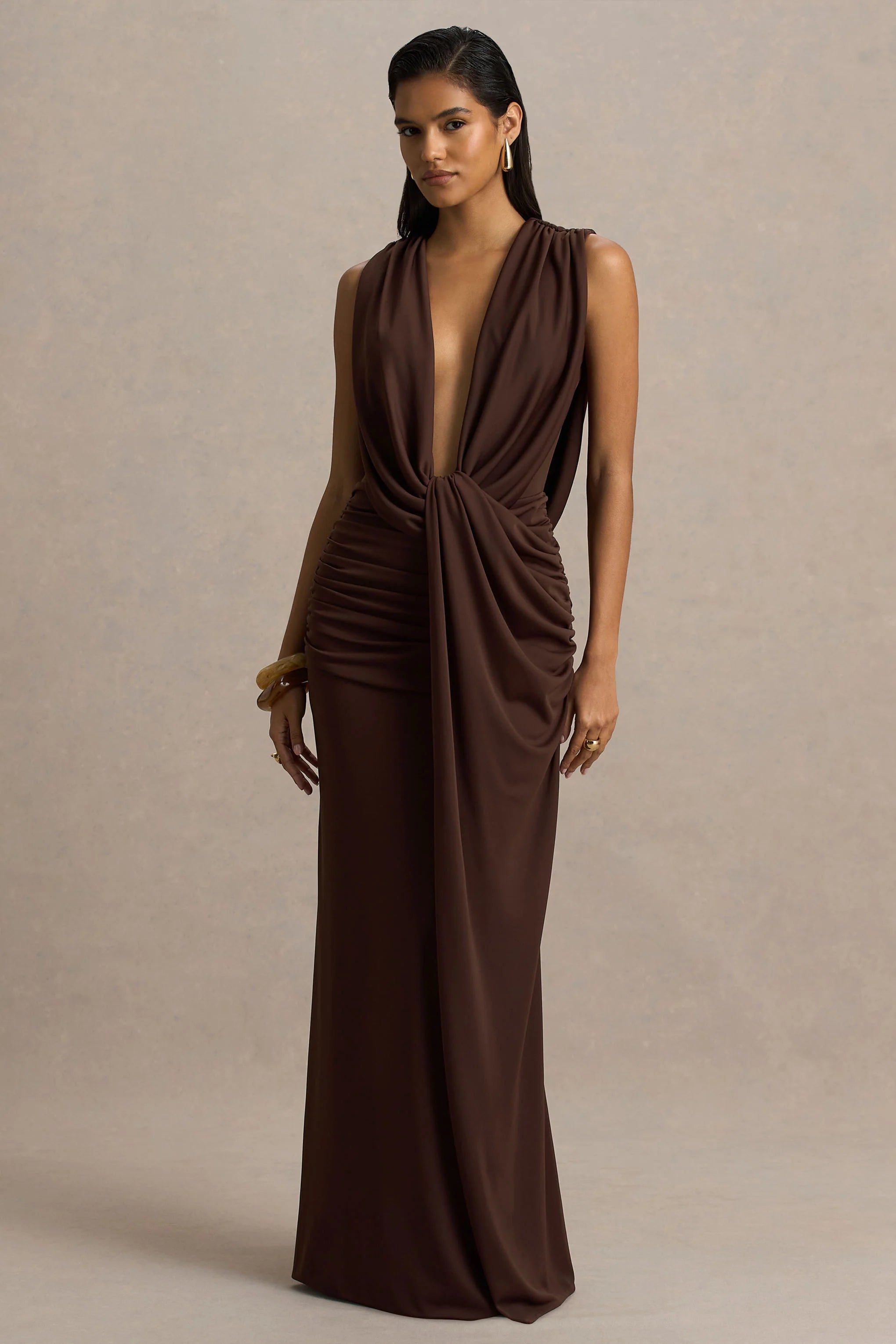 Serafina Chocolate Extreme Plunge Neck Maxi Dress With Wrap And Ruched Details