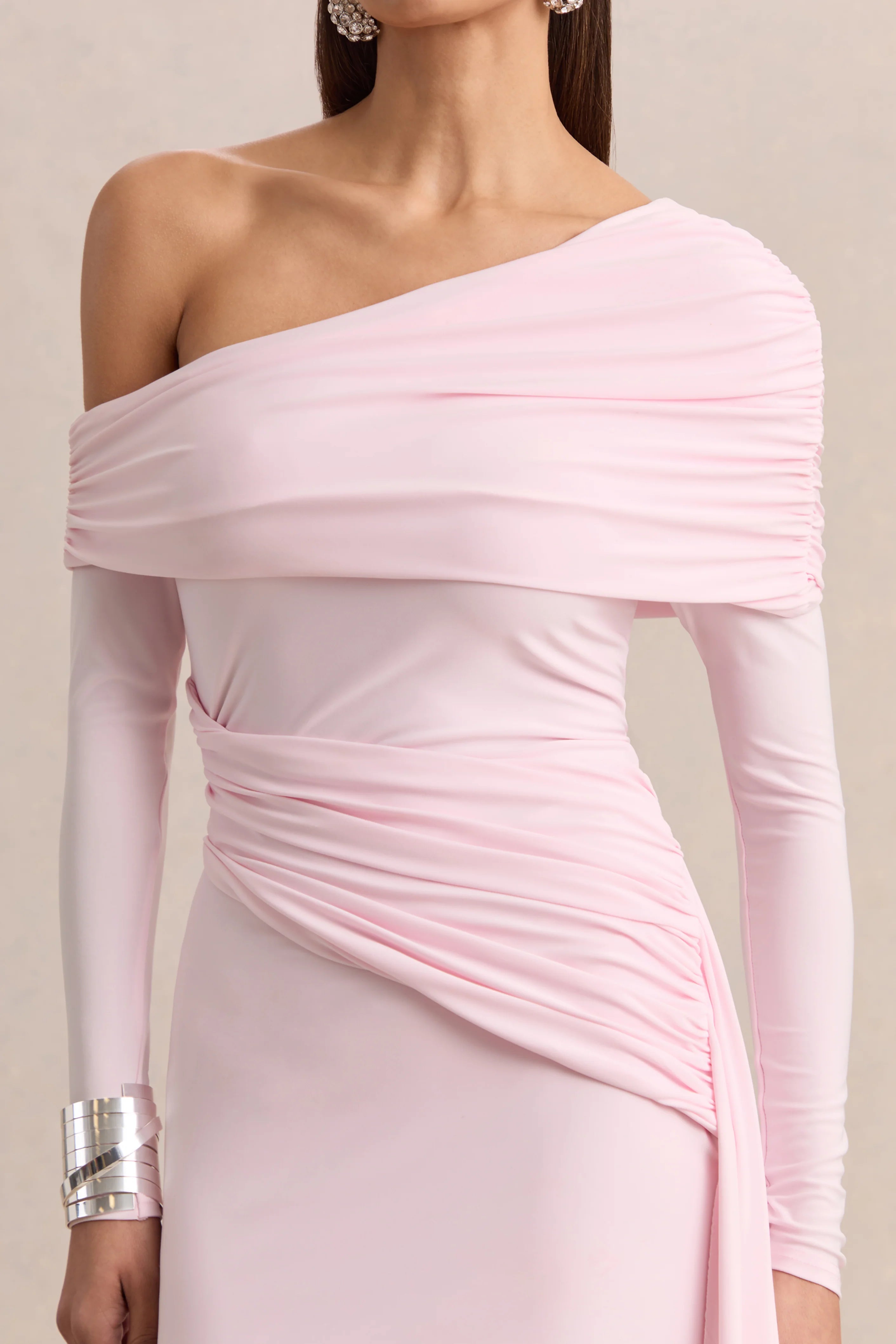 Savita Light Pink Ruched Asymmetric Mini Dress With Drape