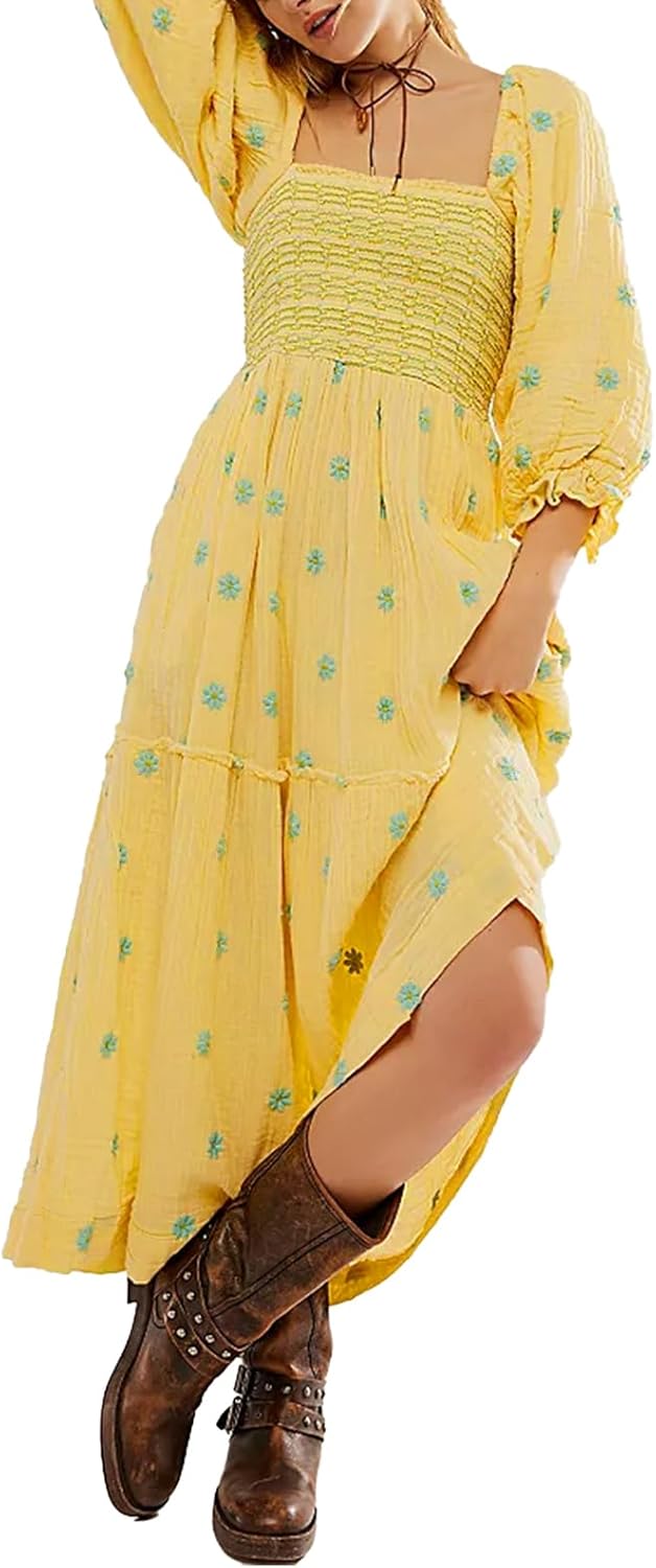 Women Floral Embroidered Maxi Dress Long Puff Sleeve Square Neck Bohemian Flowy Dress with Pockets Summer Fall