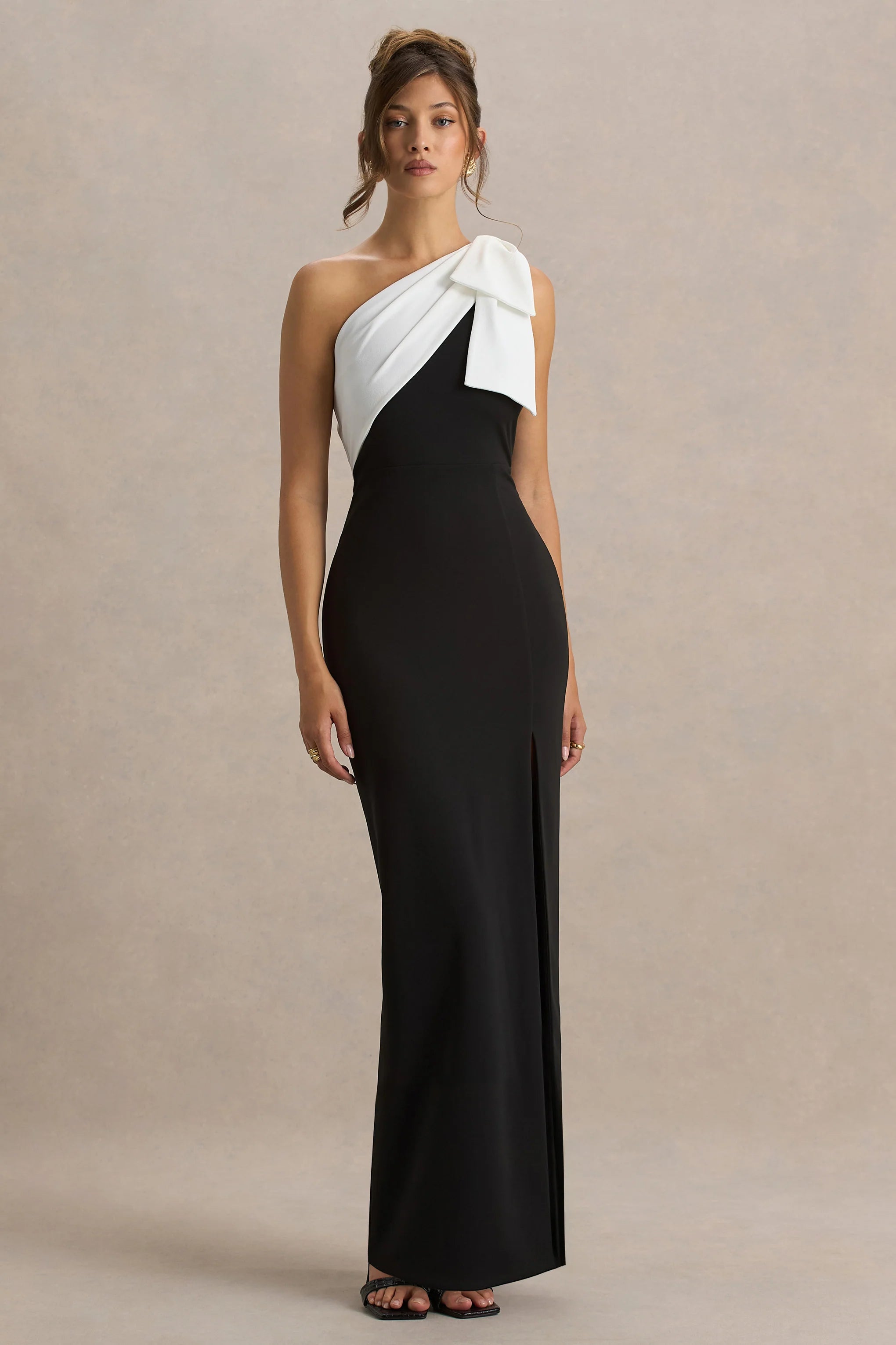 Kiri Black White One Shoulder Bow Maxi Dress