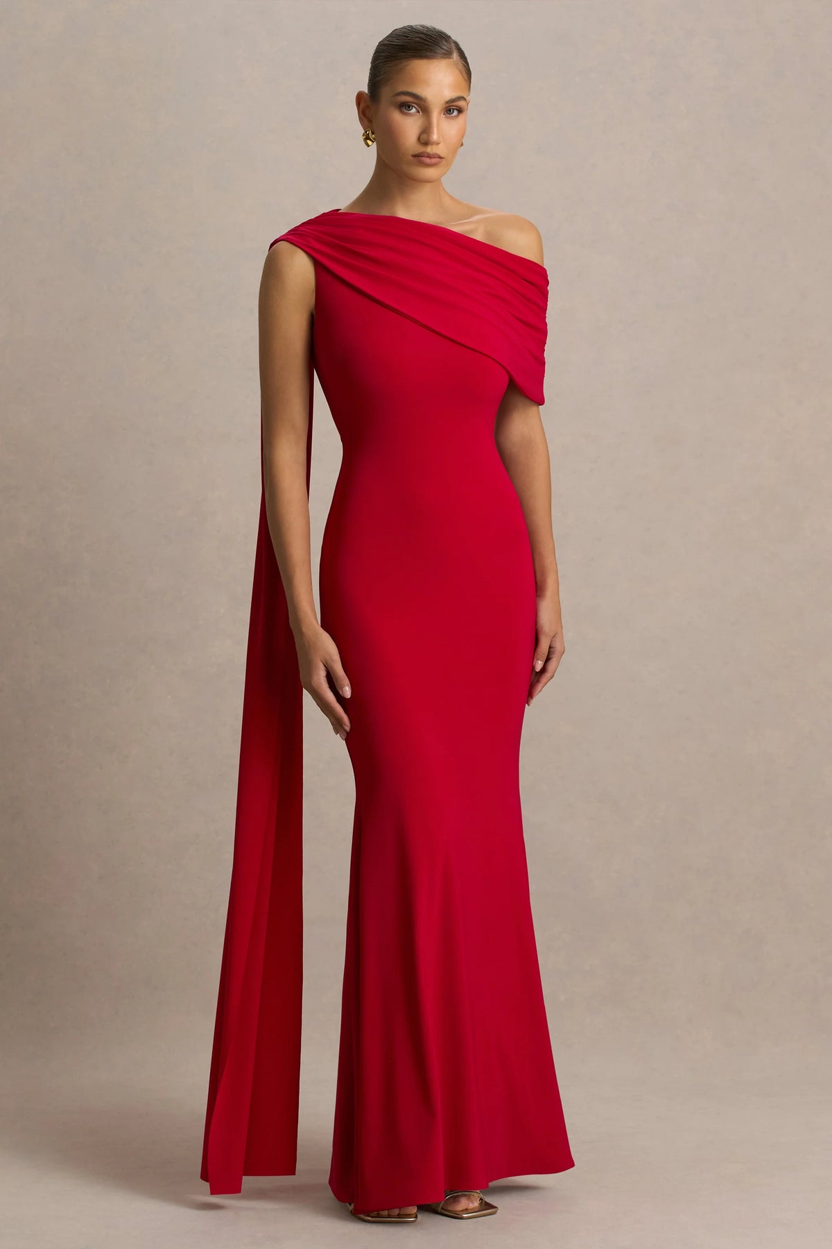 Zendaya Red Asymmetric Neck Fishtail Maxi Dress With Sash