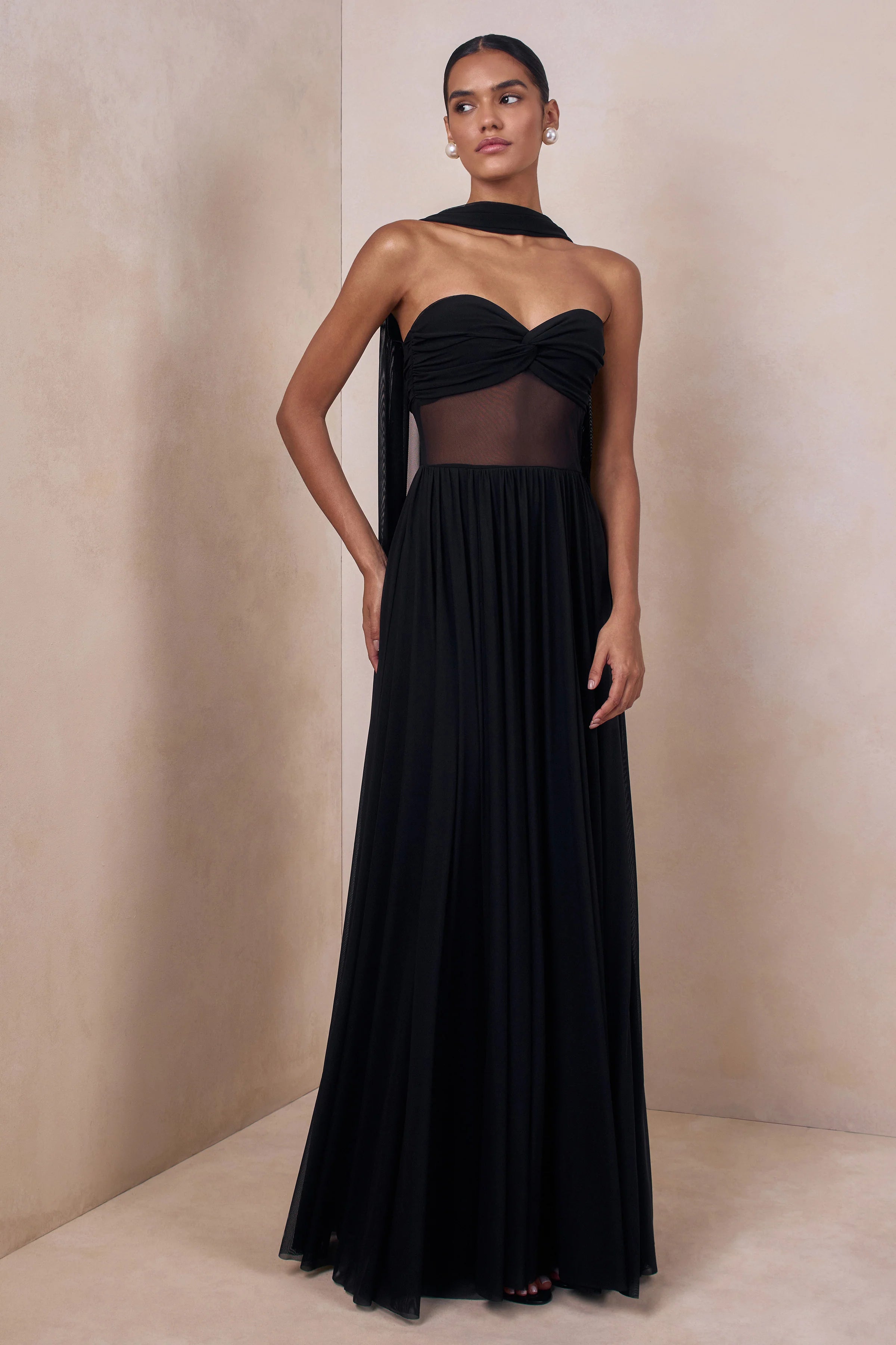 Lyvoria Black Bandeau Maxi Dress With Mesh Detail And Scarf