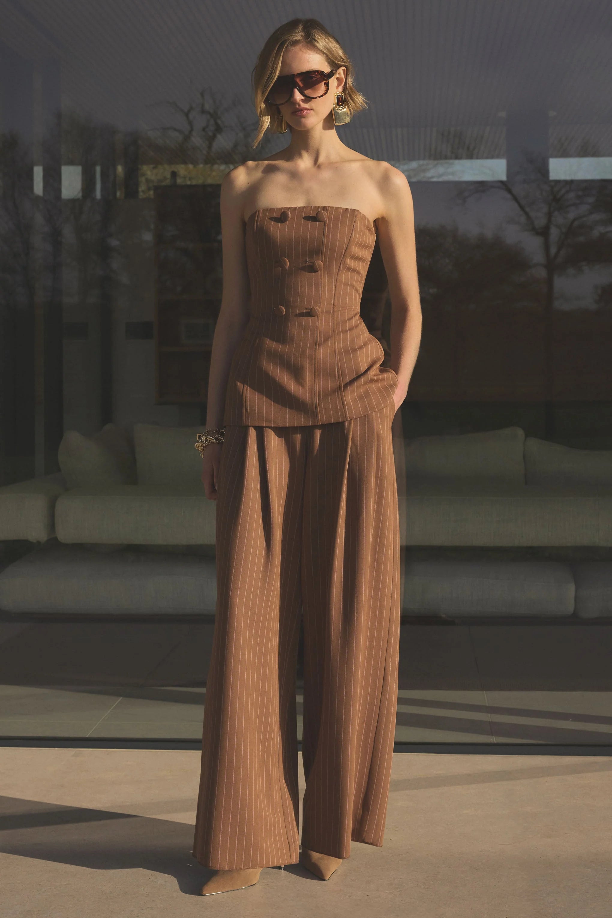 Meliva Brown Pinstripe Wide Leg Tailored Trouser
