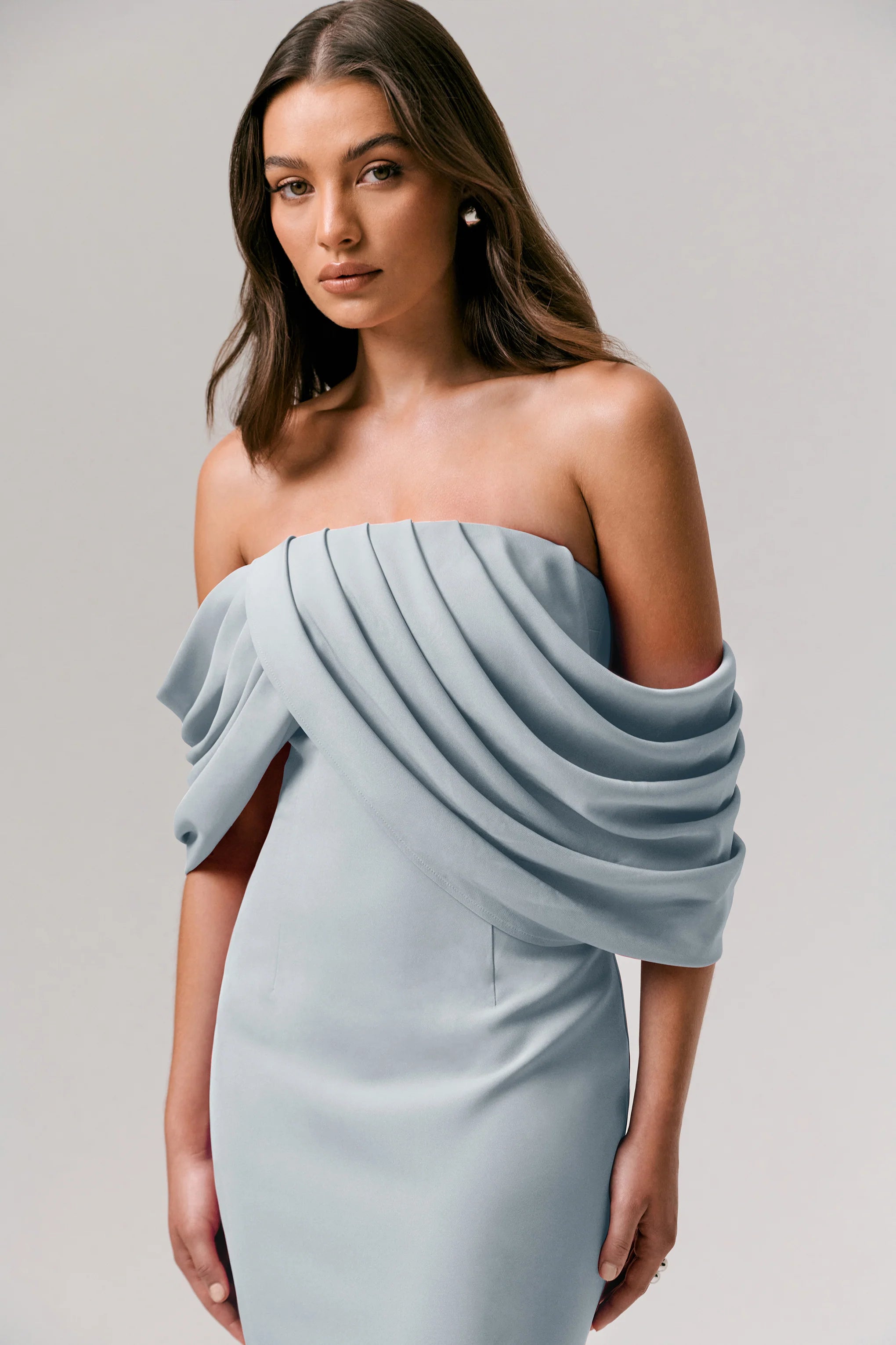Serene Powder Blue Draped Bardot Maxi Dress