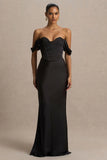 Perenna Black Satin Sweetheart Neck Maxi Dress With Draped Sleeves