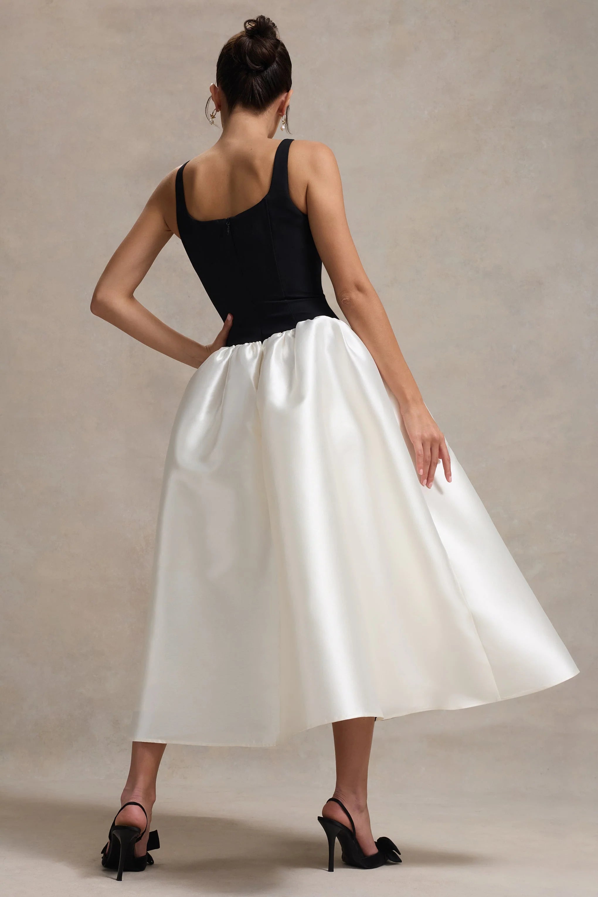 Christie Black and Cream Scoop Neck Midi Dress With Volume Skirt