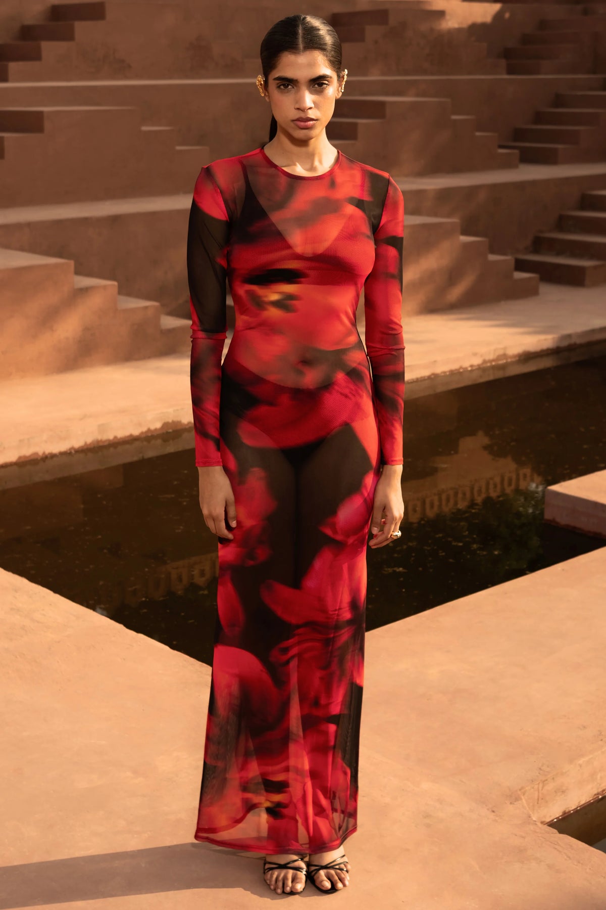 Marcy Red And Black Floral Print High Neck Maxi Dress