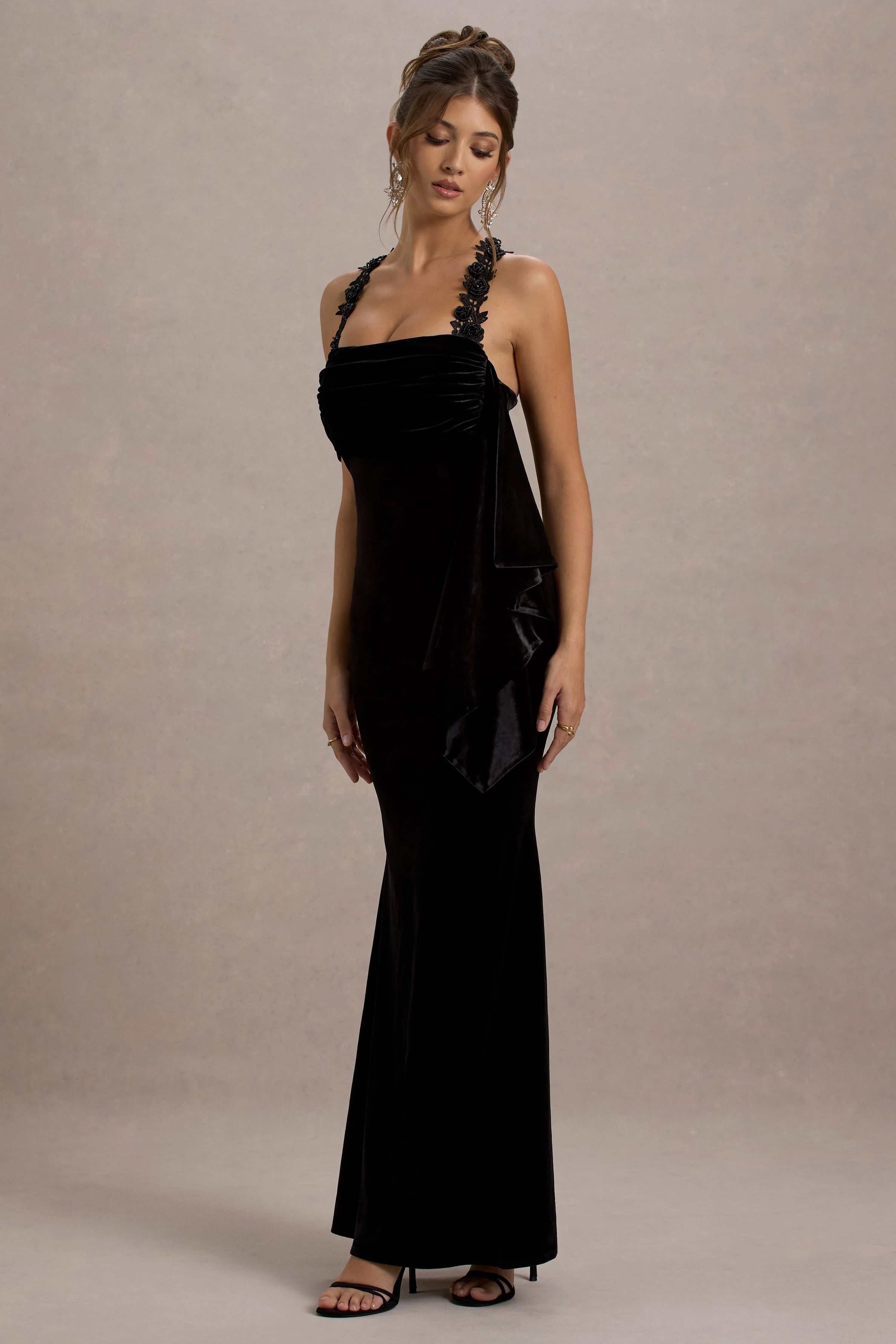 Charlize Black Velvet Halter Neck Draped Maxi Dress