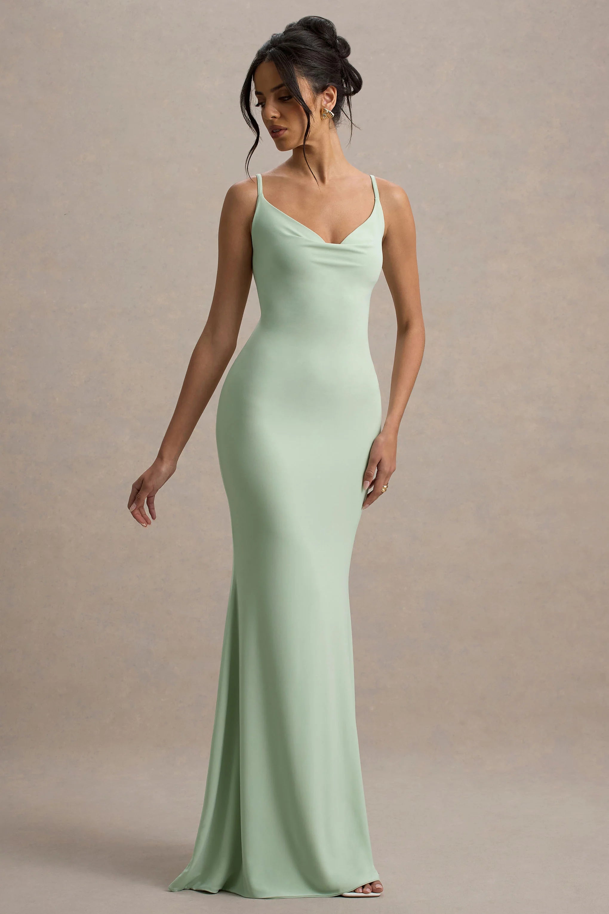 Francoise Light Green Cowl Neck Backless Maxi Dress With Lace Insert