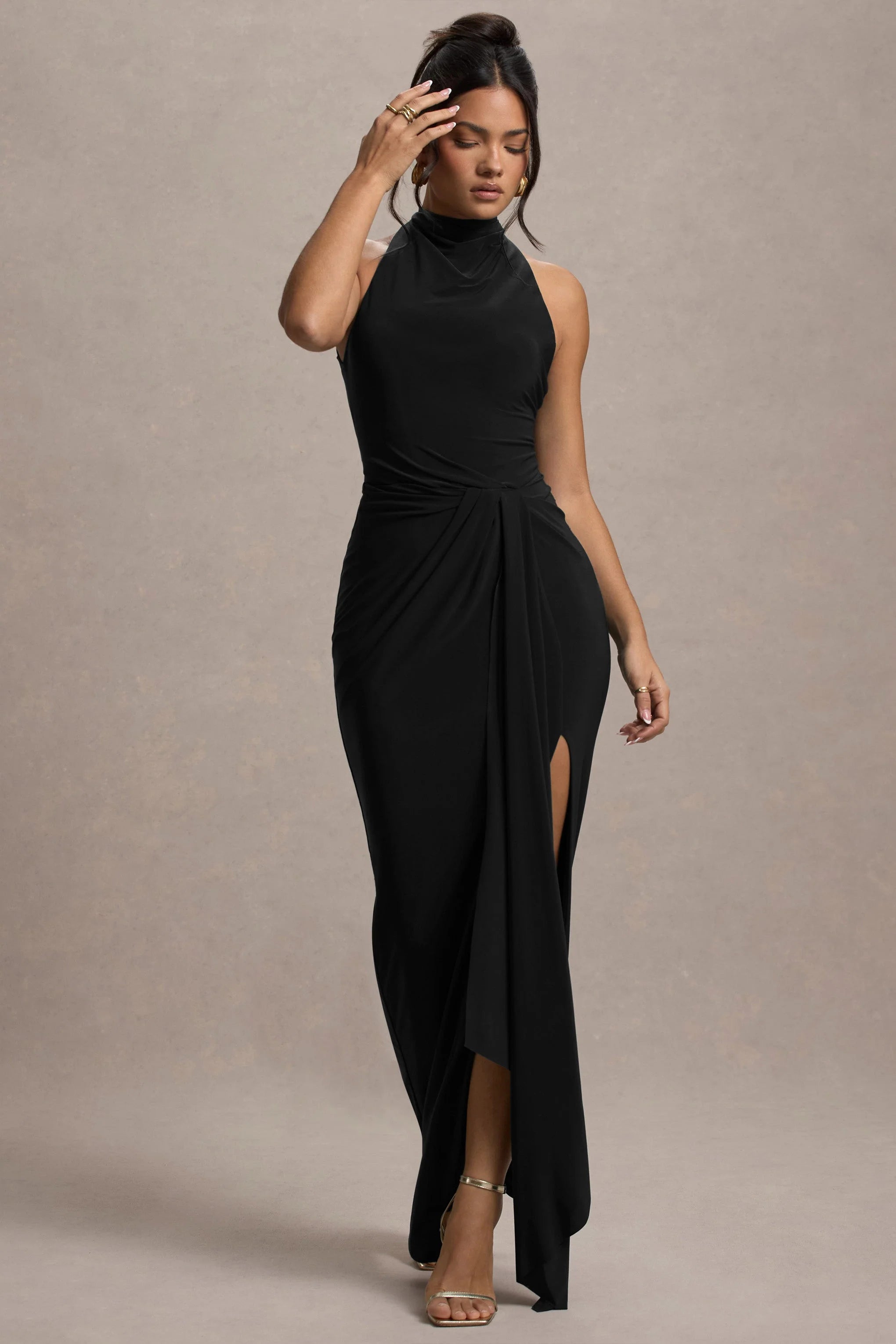 Khari Black High Neck Twisted Maxi Dress With Drape