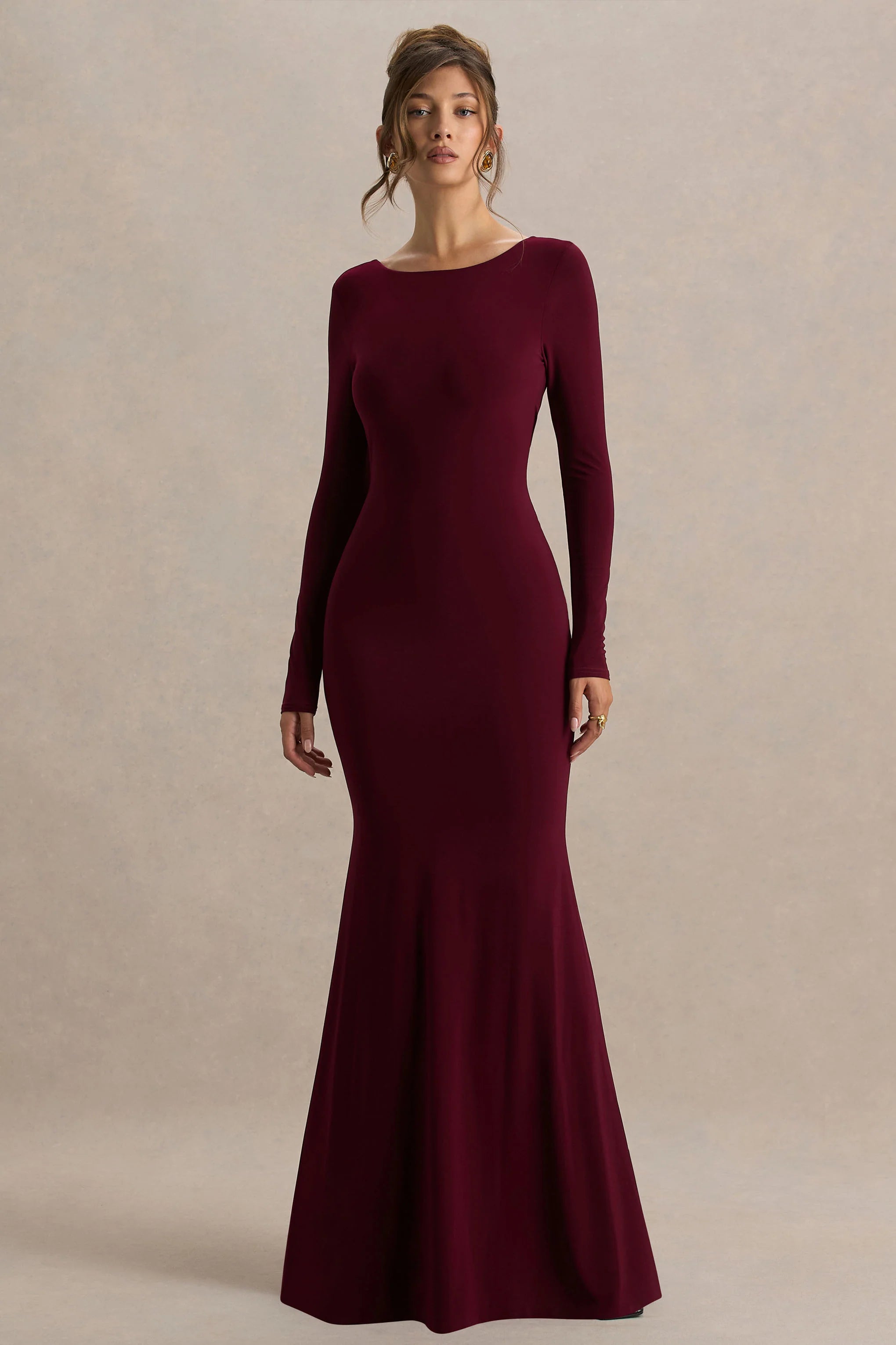 Estelle Burgundy Boat Neck Maxi Dress With Open Back And Lace Detail