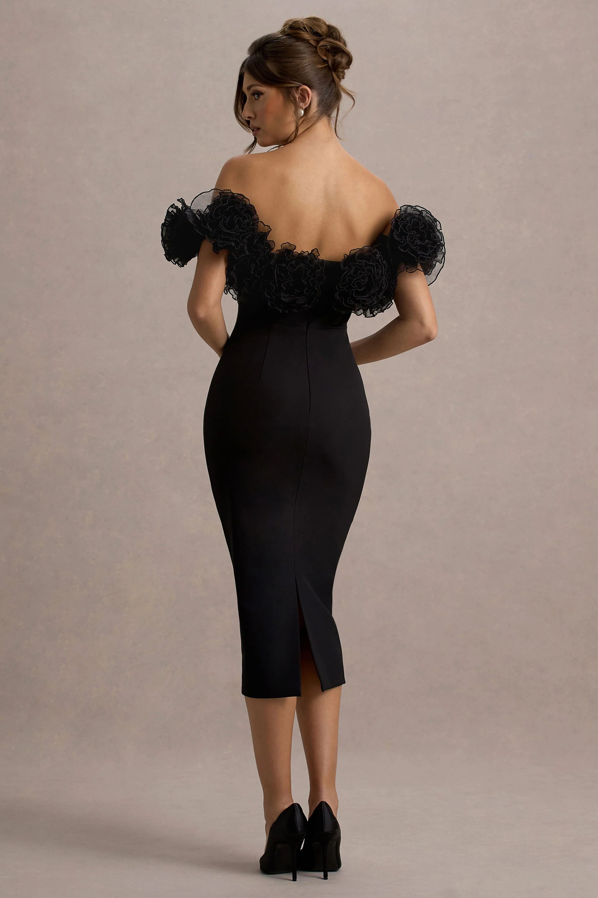 Alizzi Black Bardot Midi Dress With Ruffle Trim