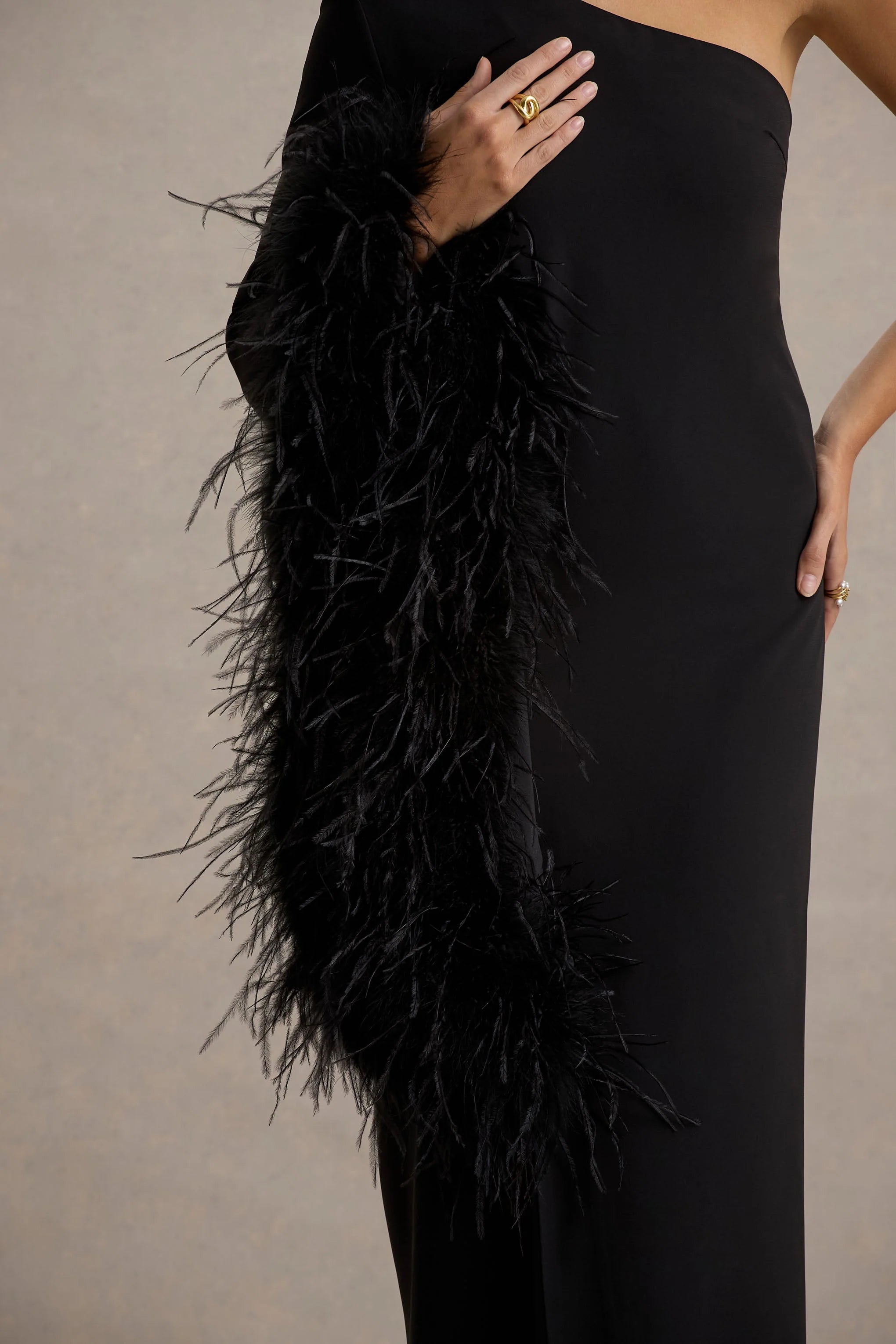 Armina Black One Shoulder Feather Trim Maxi Dress