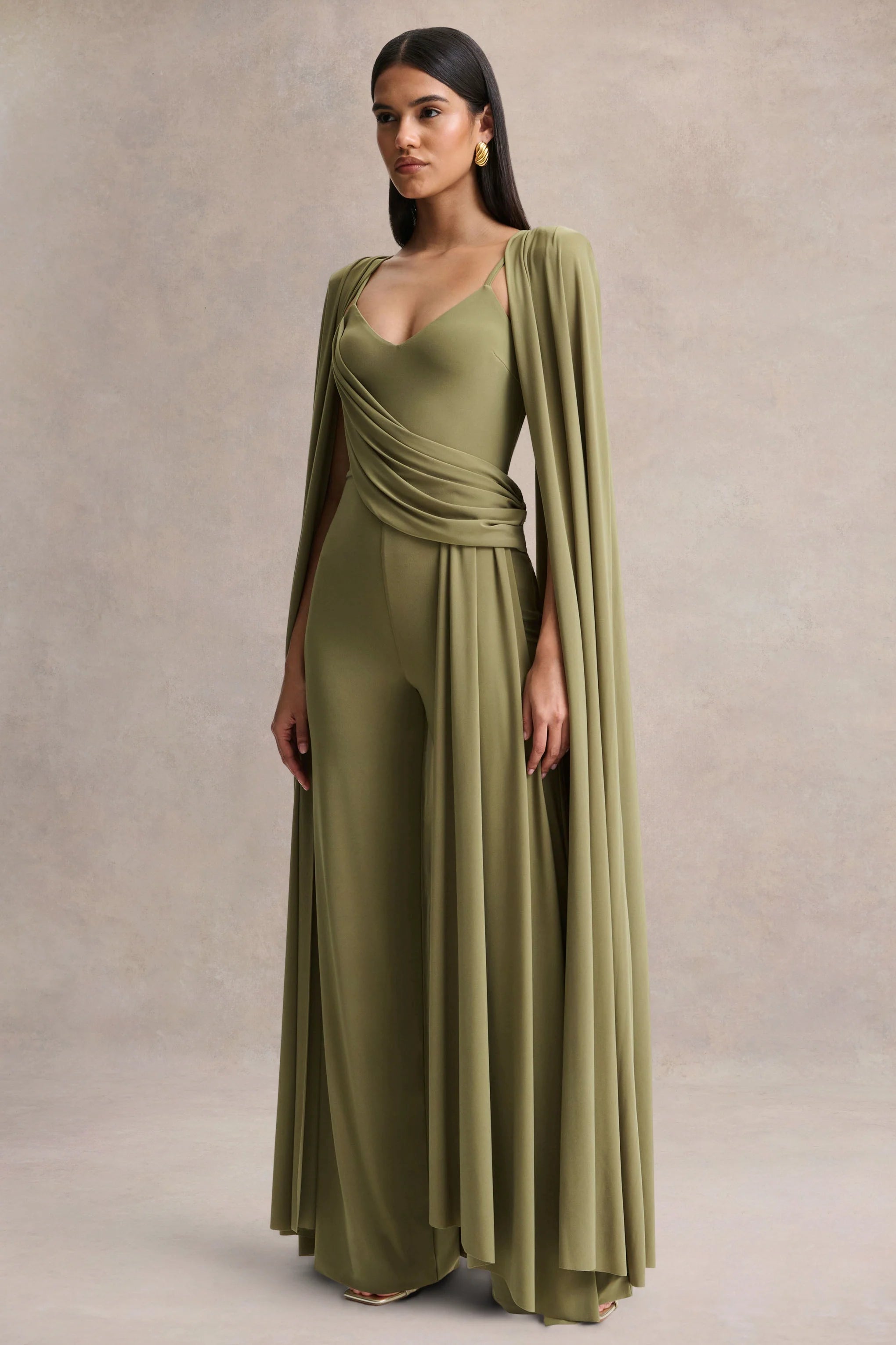 Labina Green Plunge Neck Jumpsuit With Cape Sleeves