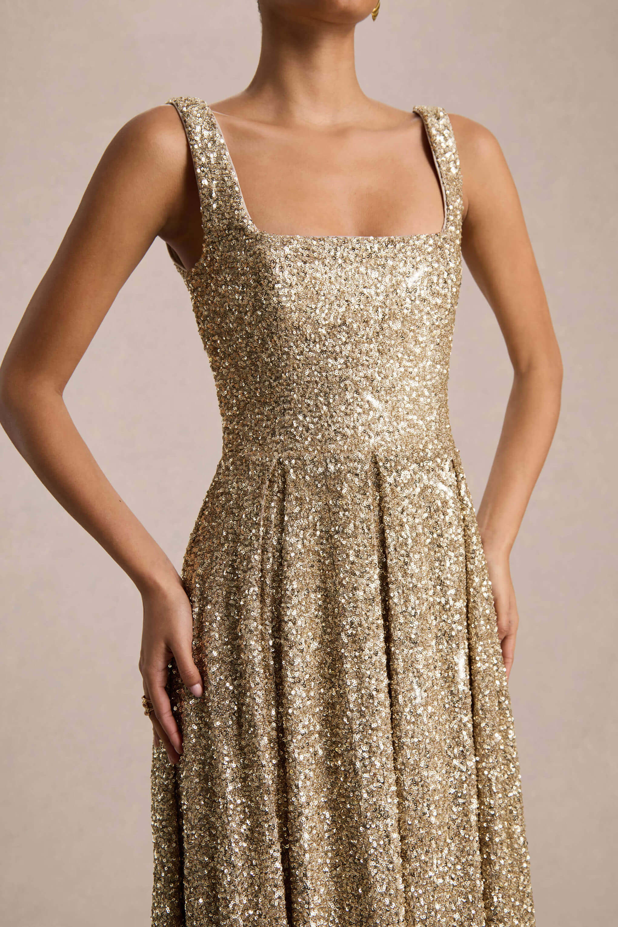 Lima Champagne Sequin Square Neck A Line Midi Dress