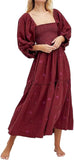 Women Floral Embroidered Maxi Dress Long Puff Sleeve Square Neck Bohemian Flowy Dress with Pockets Summer Fall