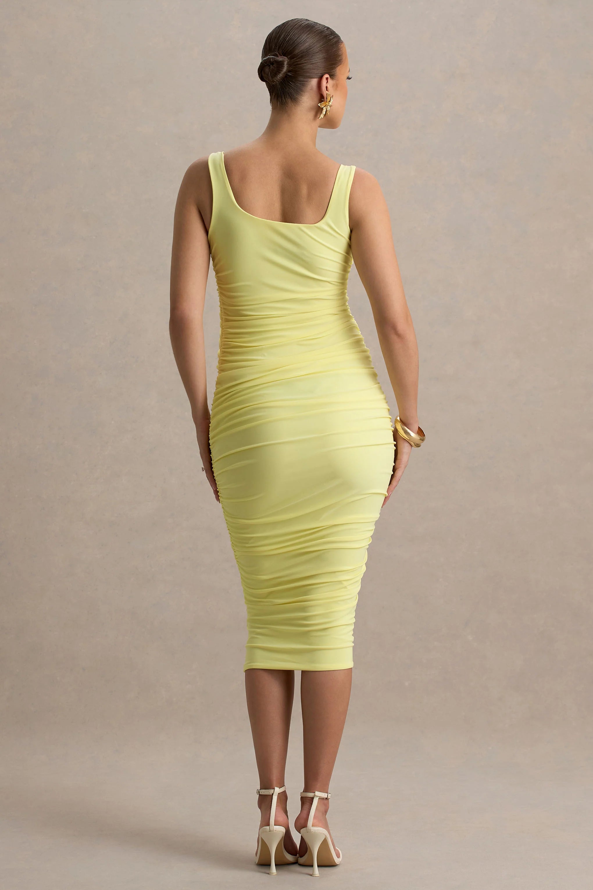 Lisbon Lemon Maternity Square Neck Ruched Midi Dress