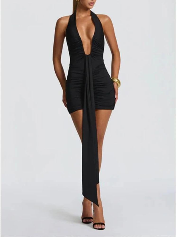 Women Deep V Neck Ruched Mini Dresses Backless Halter Dress Party Club Night
