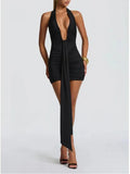 Women Deep V Neck Ruched Mini Dresses Backless Halter Dress Party Club Night