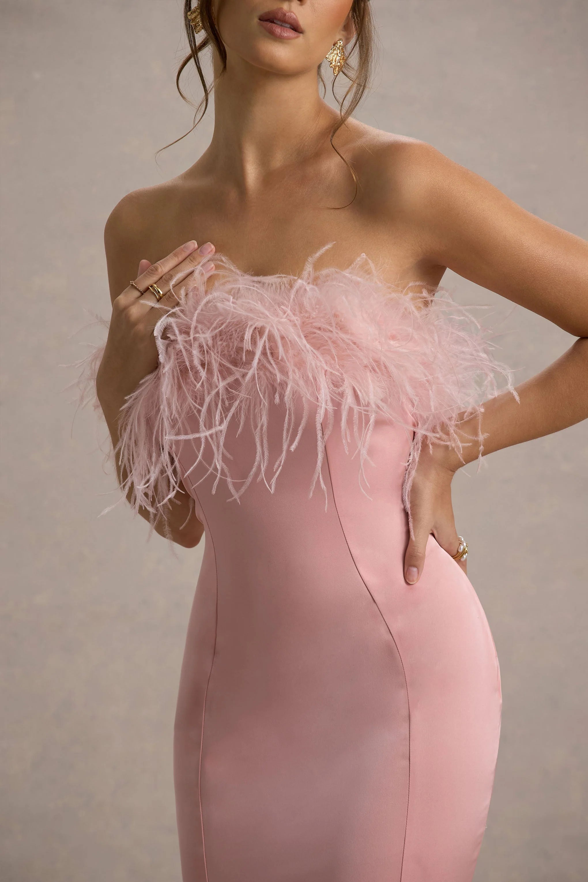 One And Only Light Pink Satin Feather Trim Bandeau Midi Dress