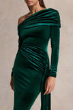 Hadria Bottle Green Velvet Asymmetric Neck Maxi Dress With Sash Detail