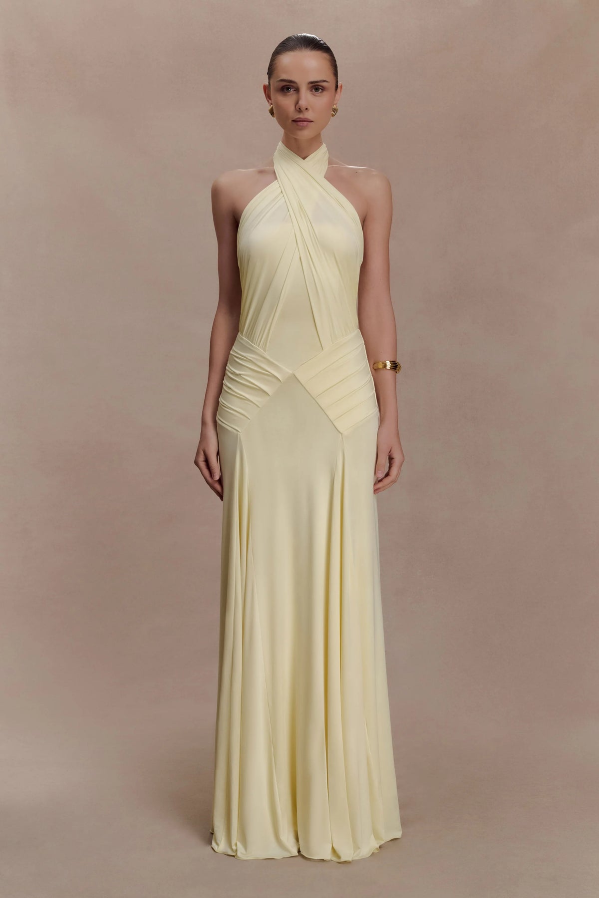 Indira Gathered Slinky Halter Maxi Dress Lemon