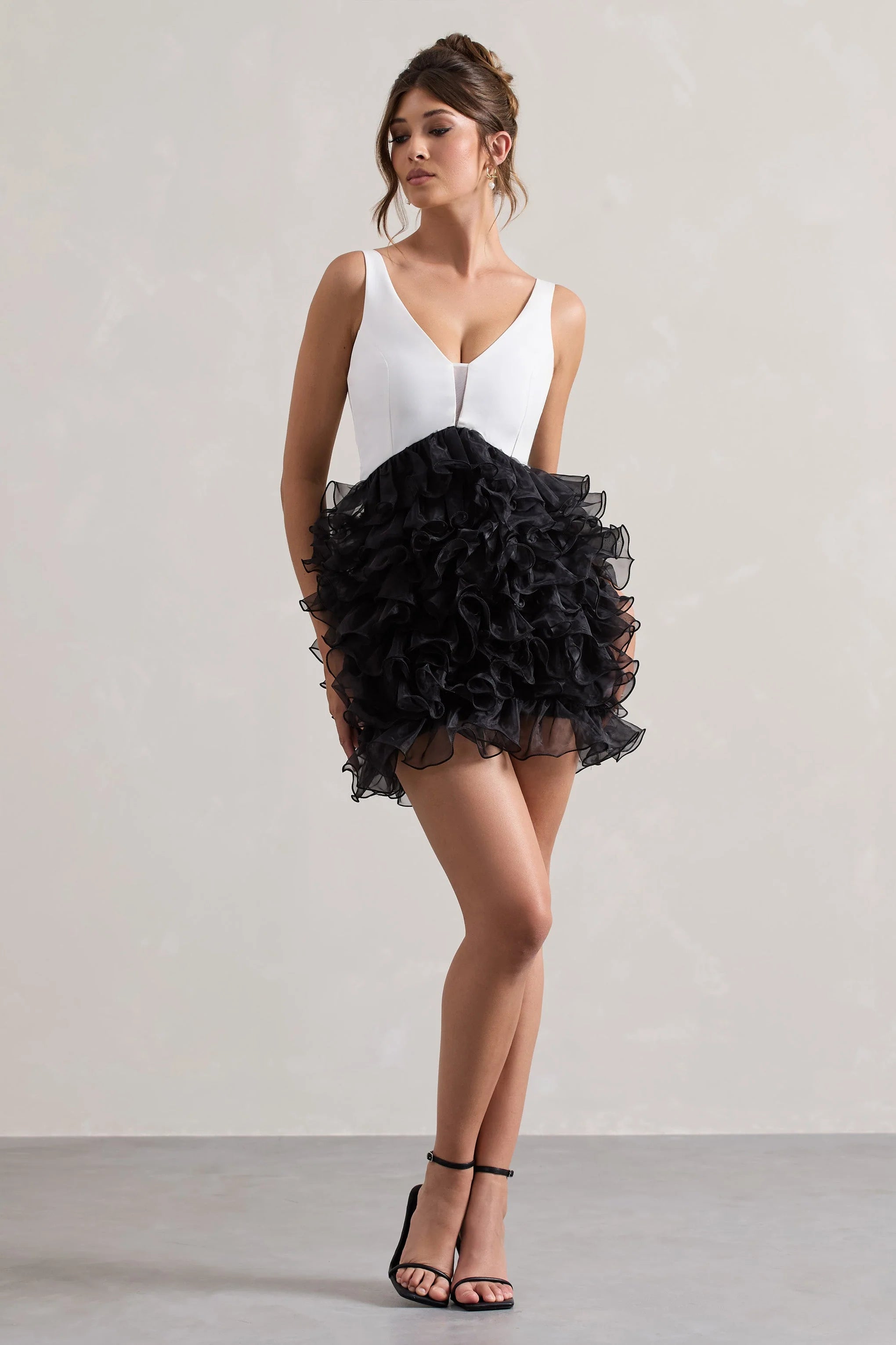 Riot Black White Plunge Neck Mini Dress With Organza Skirt