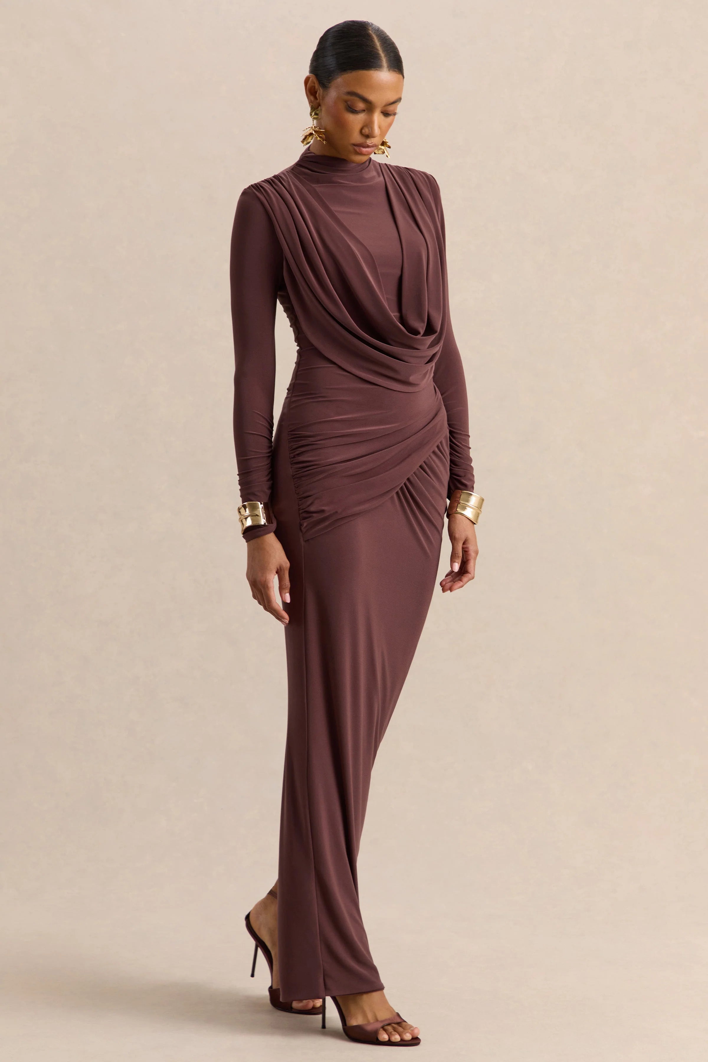 Karinthia Brown High Neck Maxi Dress With Draped Detailing