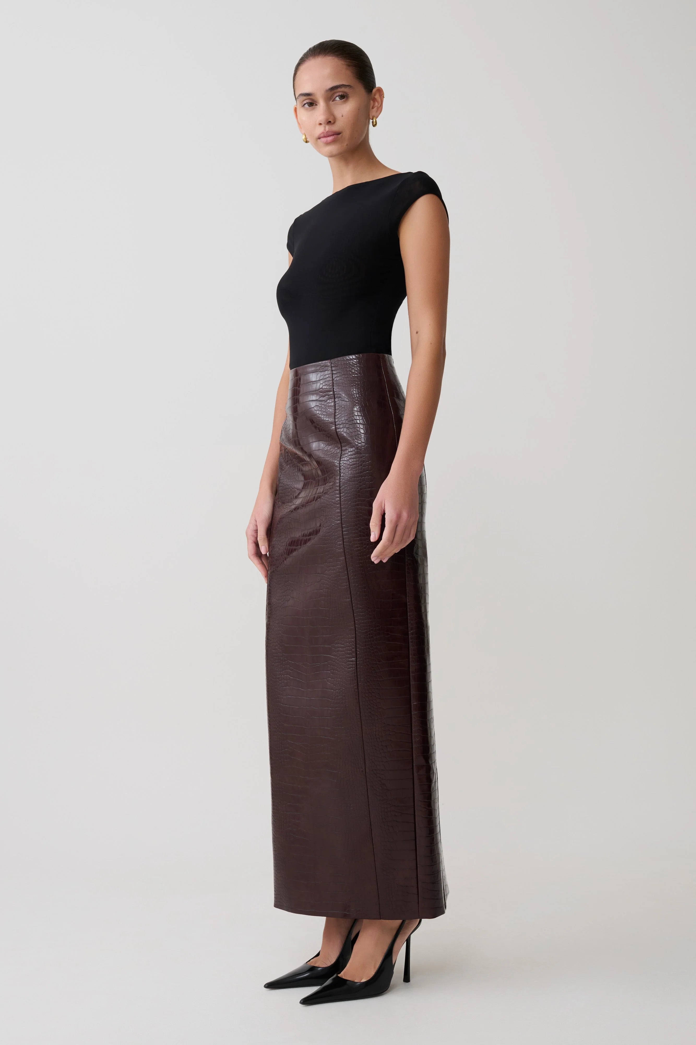 Thalia Croc Faux Leather Midi Skirt Merlot