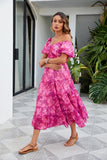Women Floral Maxi Dress Short Puff Sleeve V Neck Bohemian Flowy Dress Smocked Casual Spring Summer Dresses