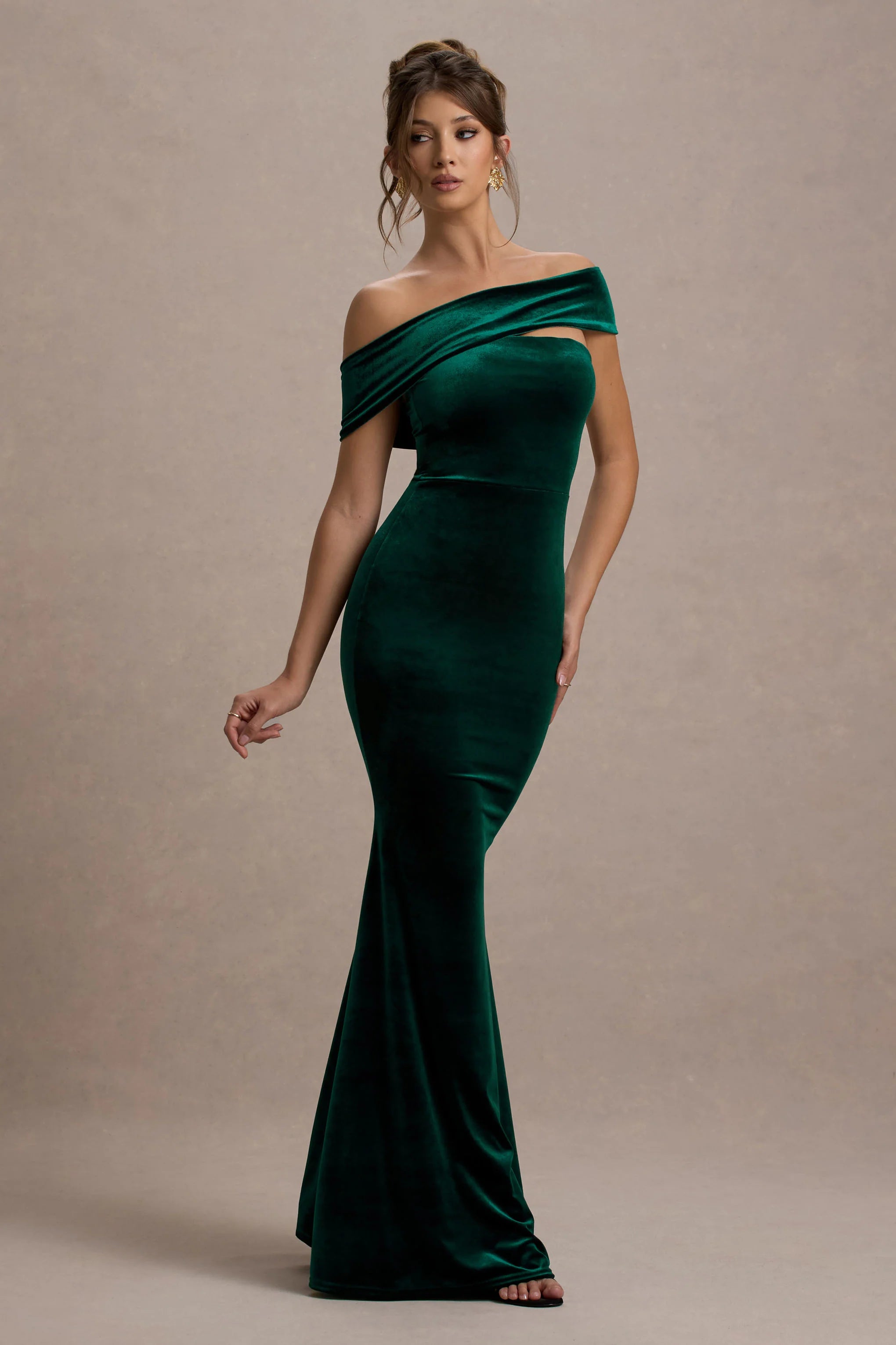 Candela Bottle Green Velvet Asymmetric Bardot Maxi Dress