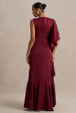 Rosy Burgundy Satin Boat Neck Maxi Dress With Front Split And Ruffled Detailing