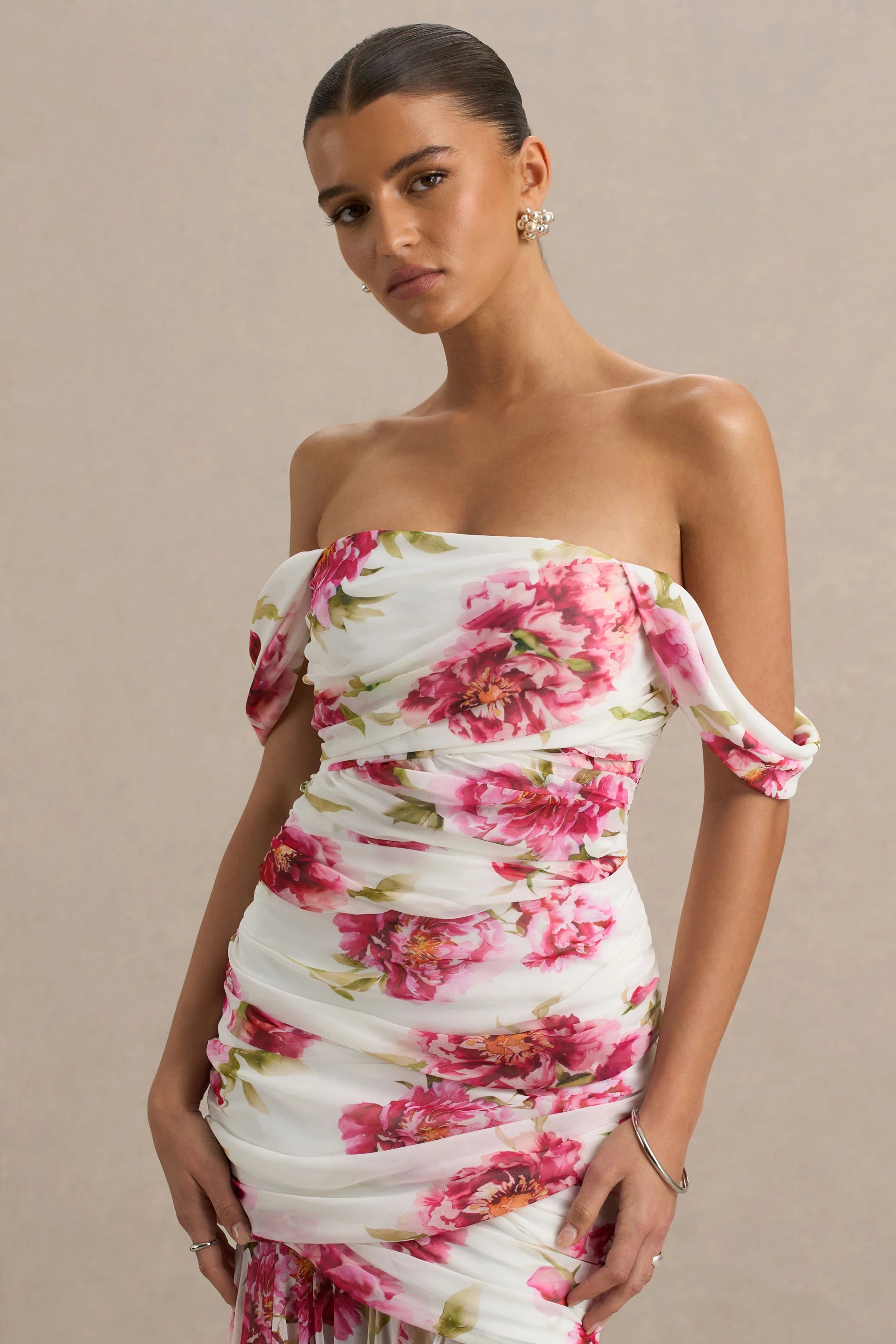 Madelyn Cream Floral Print Short Sleeve Bardot Wrap Maxi Dress With Ruching