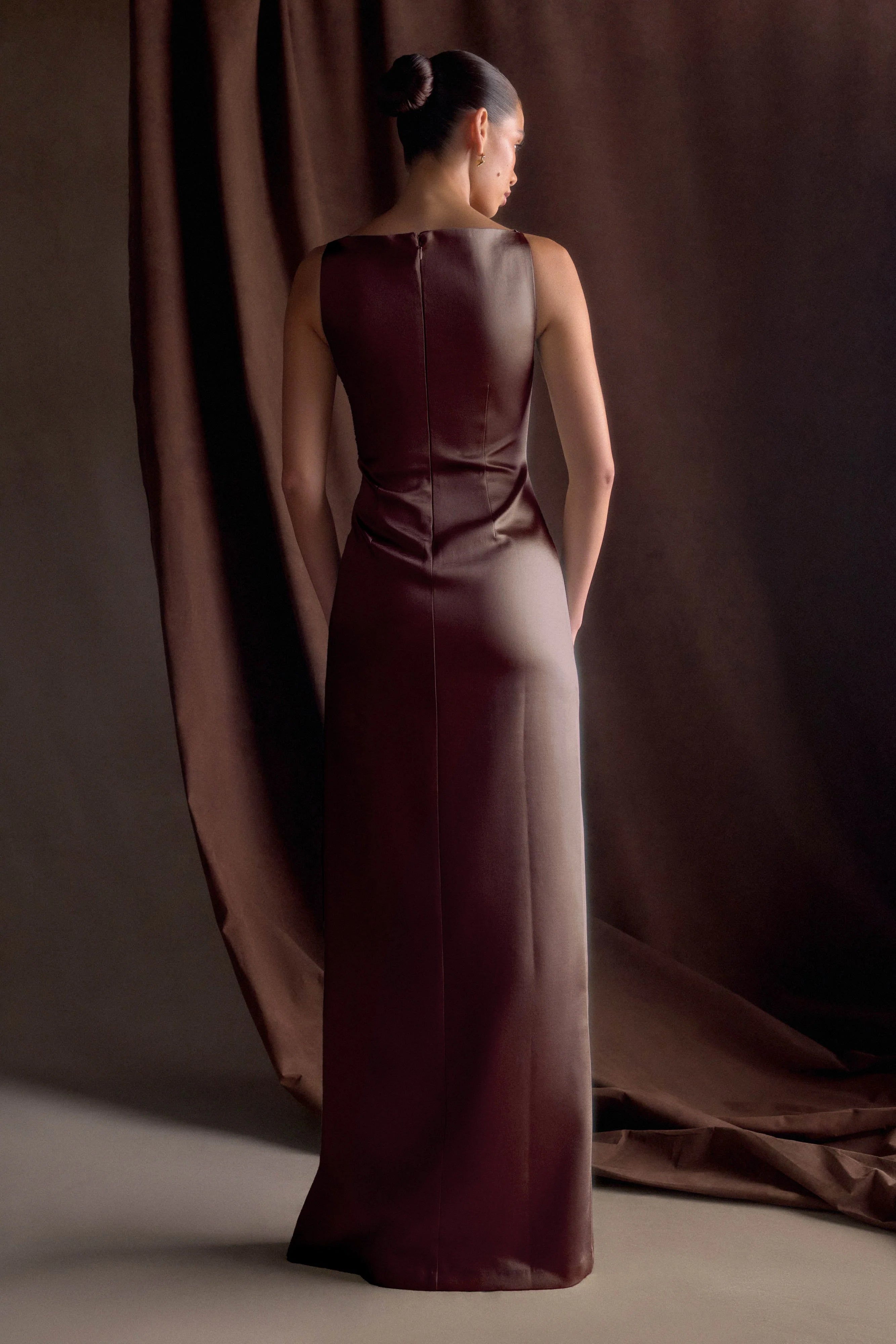 Violet Sleeveless Satin Maxi Dress Dark Chocolate