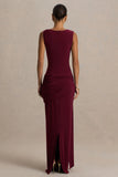 Decadence Burgundy High Neck Wrapped Maxi Dress With Twist Sleeve