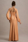 Crawley Peach Satin Puff Sleeve Maxi Dress