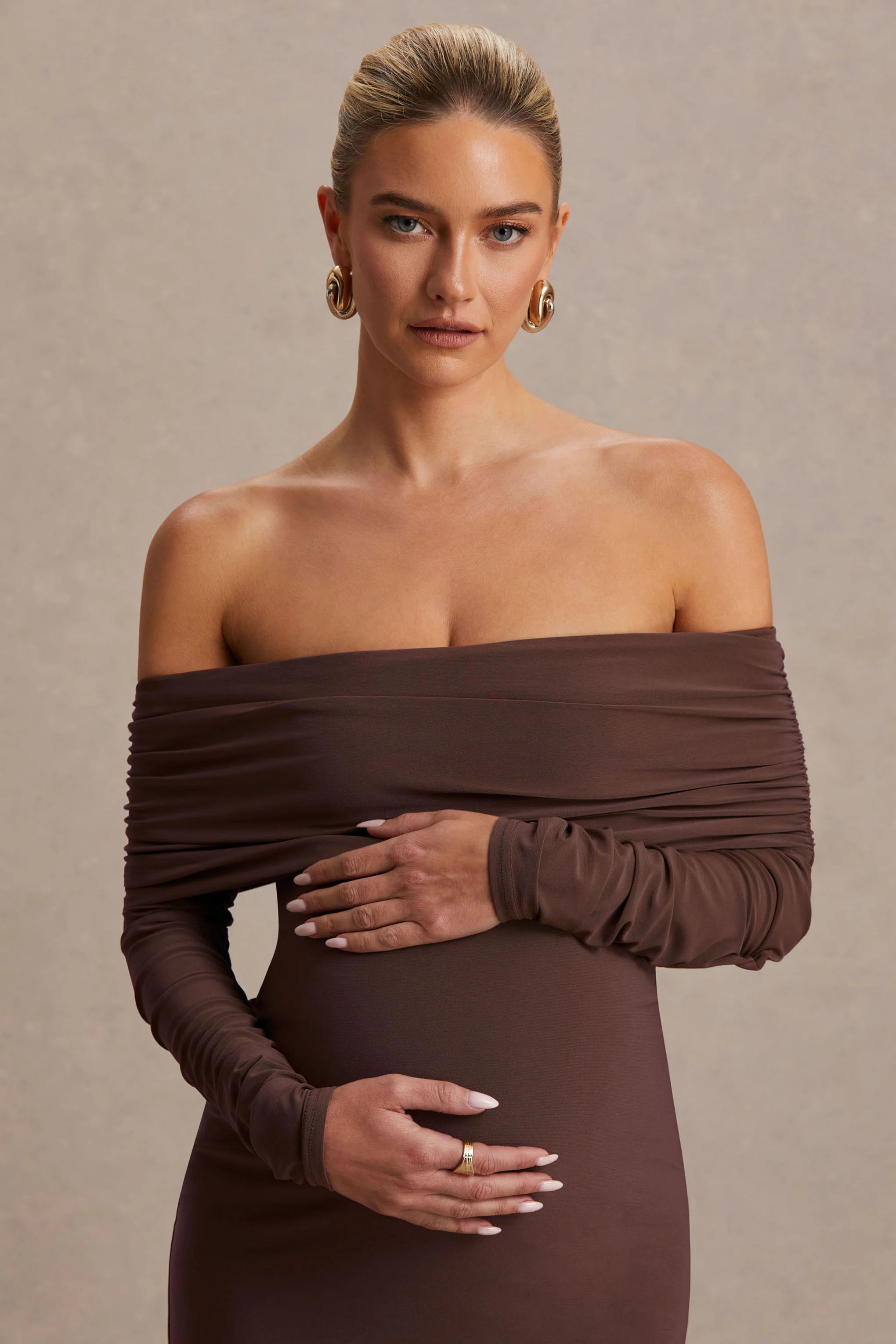 Elspeth Brown Bardot Neck Maternity Midi Dress