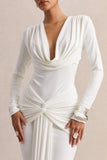 Palerma White Draped Cowl Neck Maxi Dress With Gathered Detailing