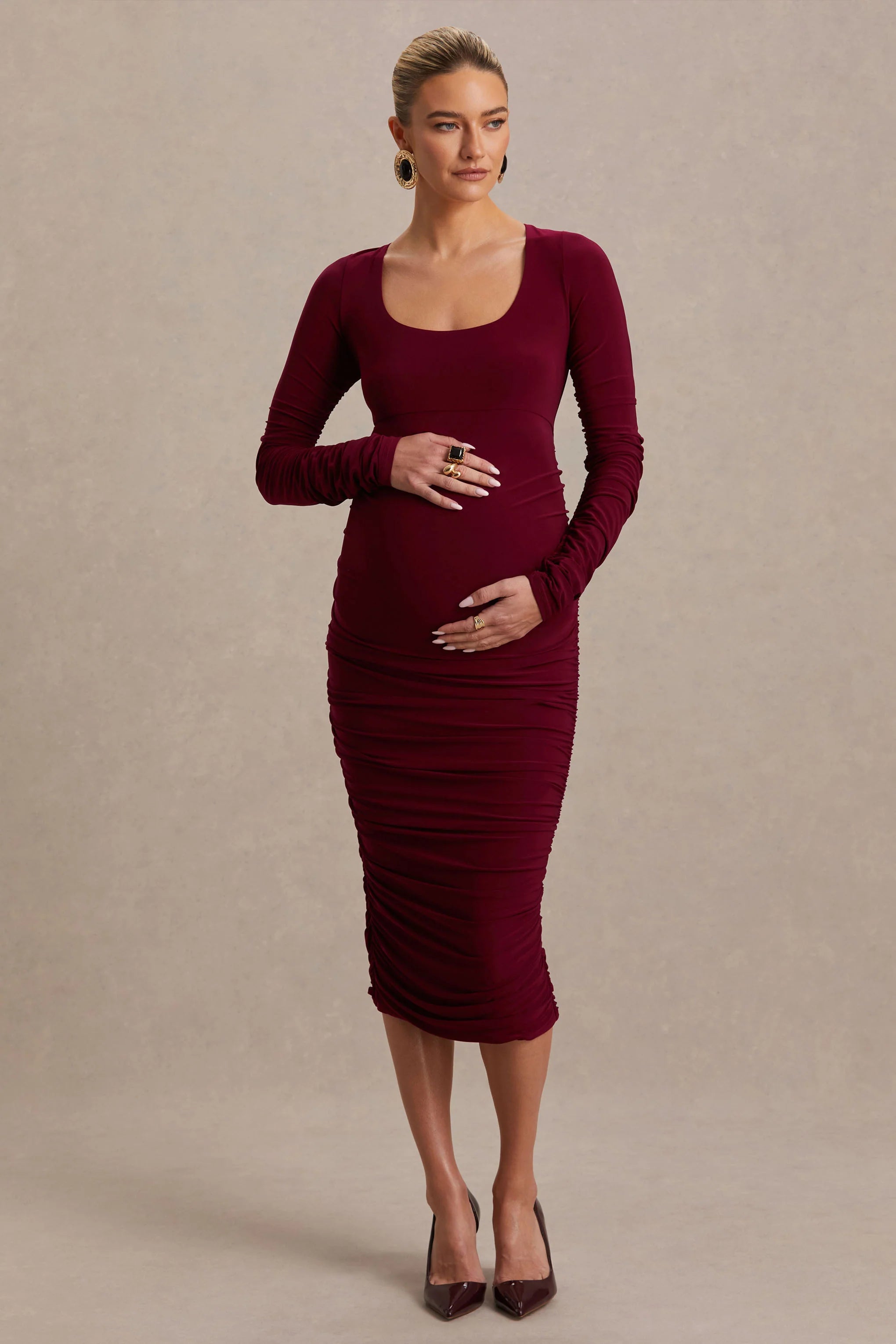Saffron Berry Scoop Neck Maternity Midi Dress