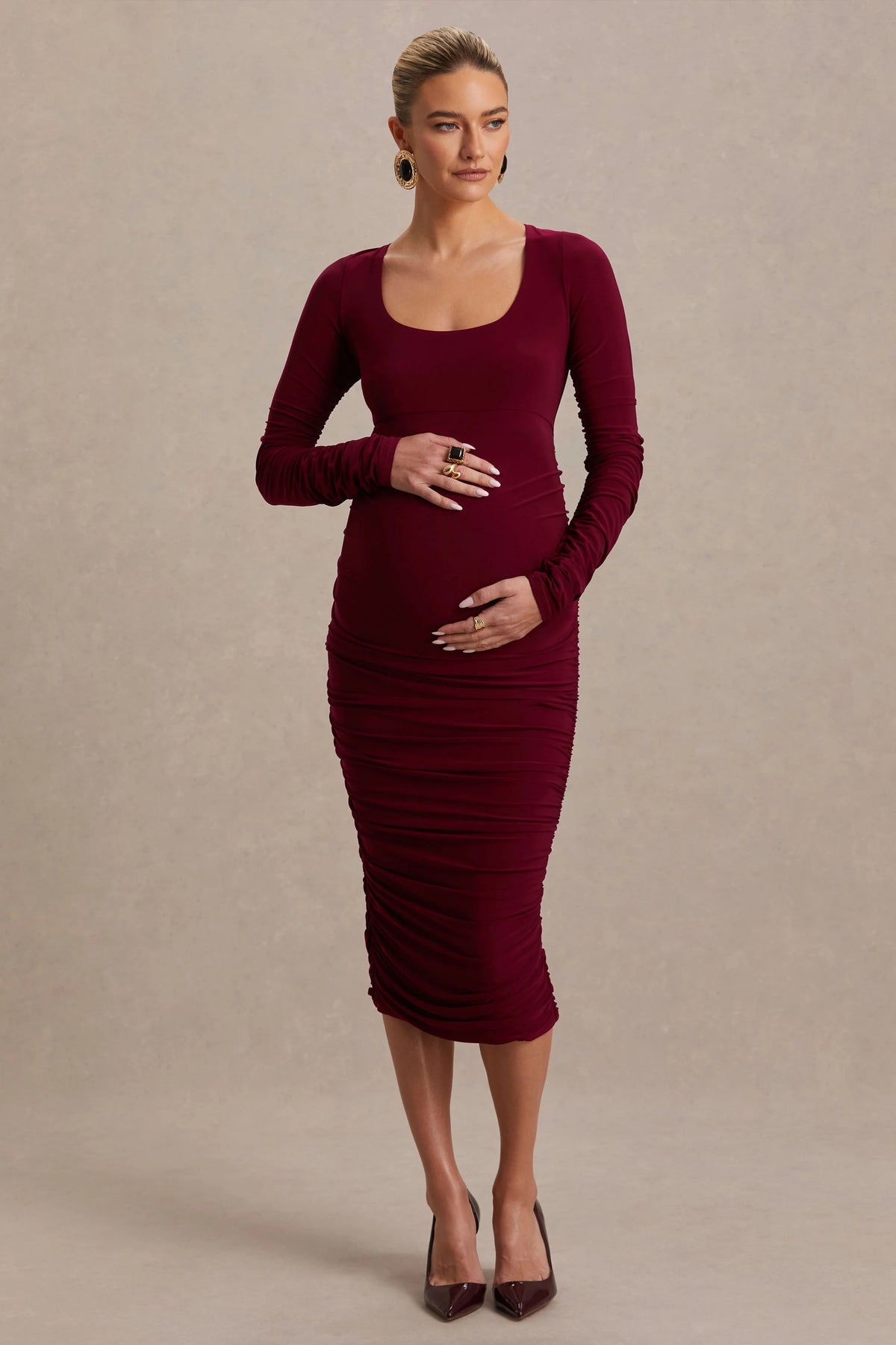 Saffron Berry Scoop Neck Maternity Midi Dress