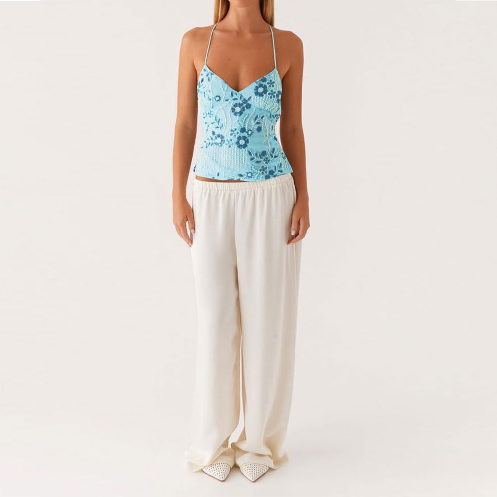 Women Sequin Beaded Cami Top V Neck Backless Criss Cross Straps Crop Tops Summer Going Out Clubwear