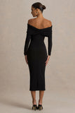 Spark Black Bardot Neck Midi Dress With Bow Detail