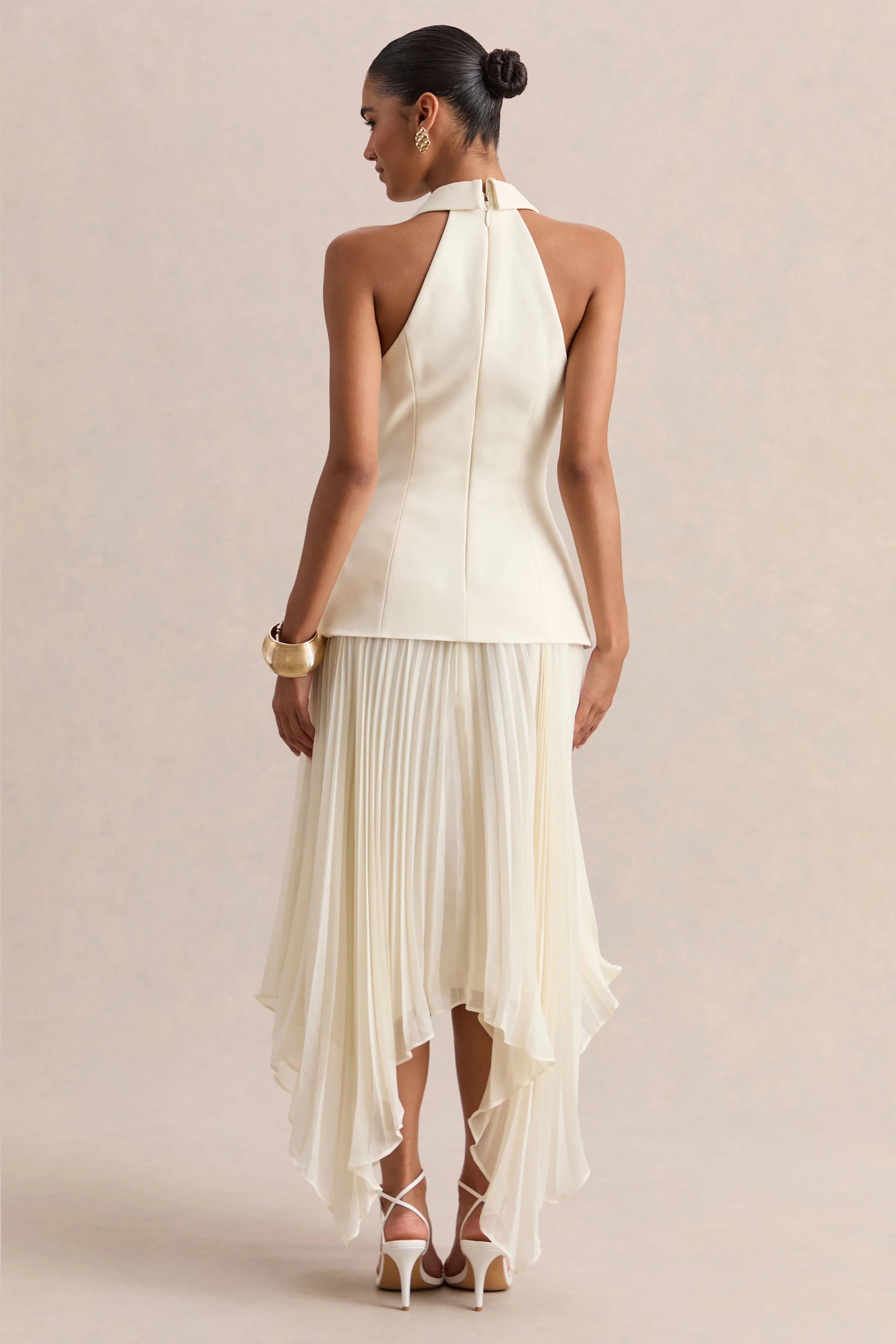 Marvelle Cream Plunge Neck Maxi Dress With Hanky Hem