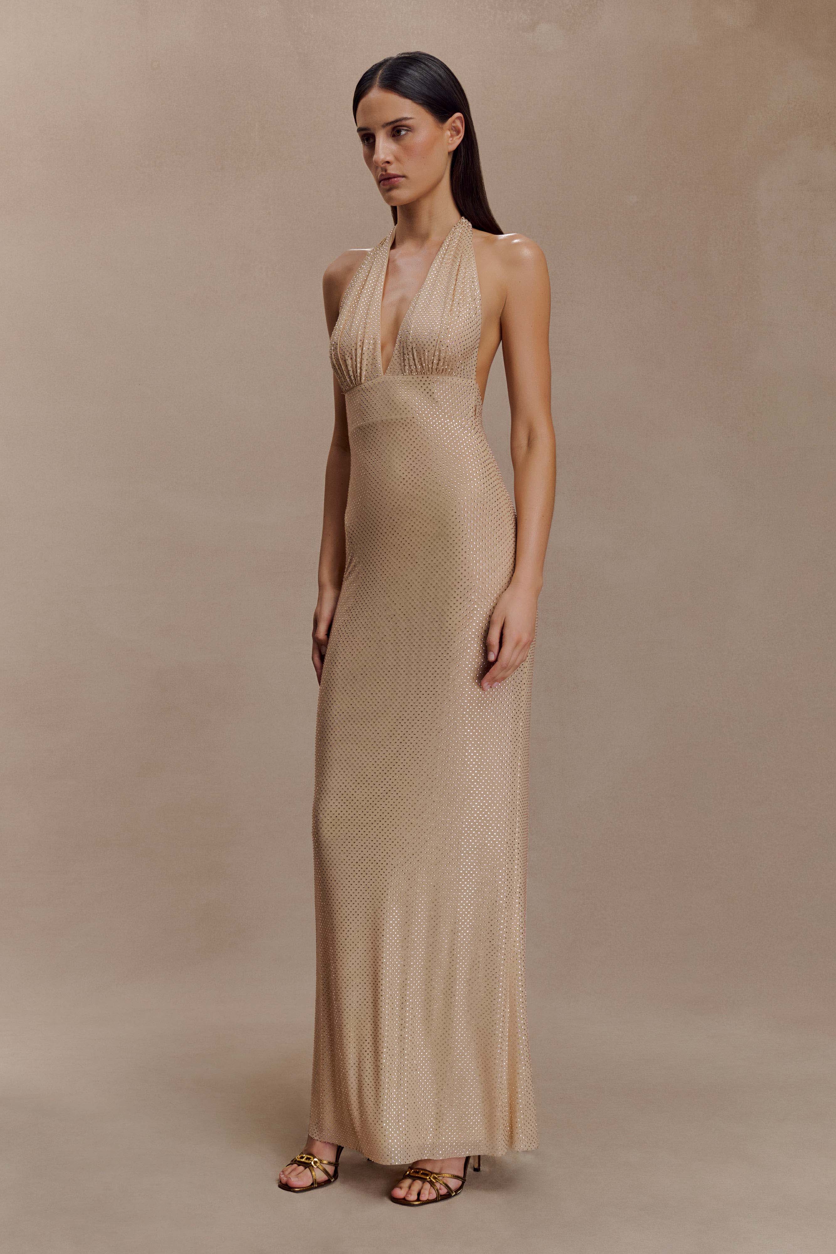 Harriet Halter Neck Diamante Maxi Dress Sandy Gold
