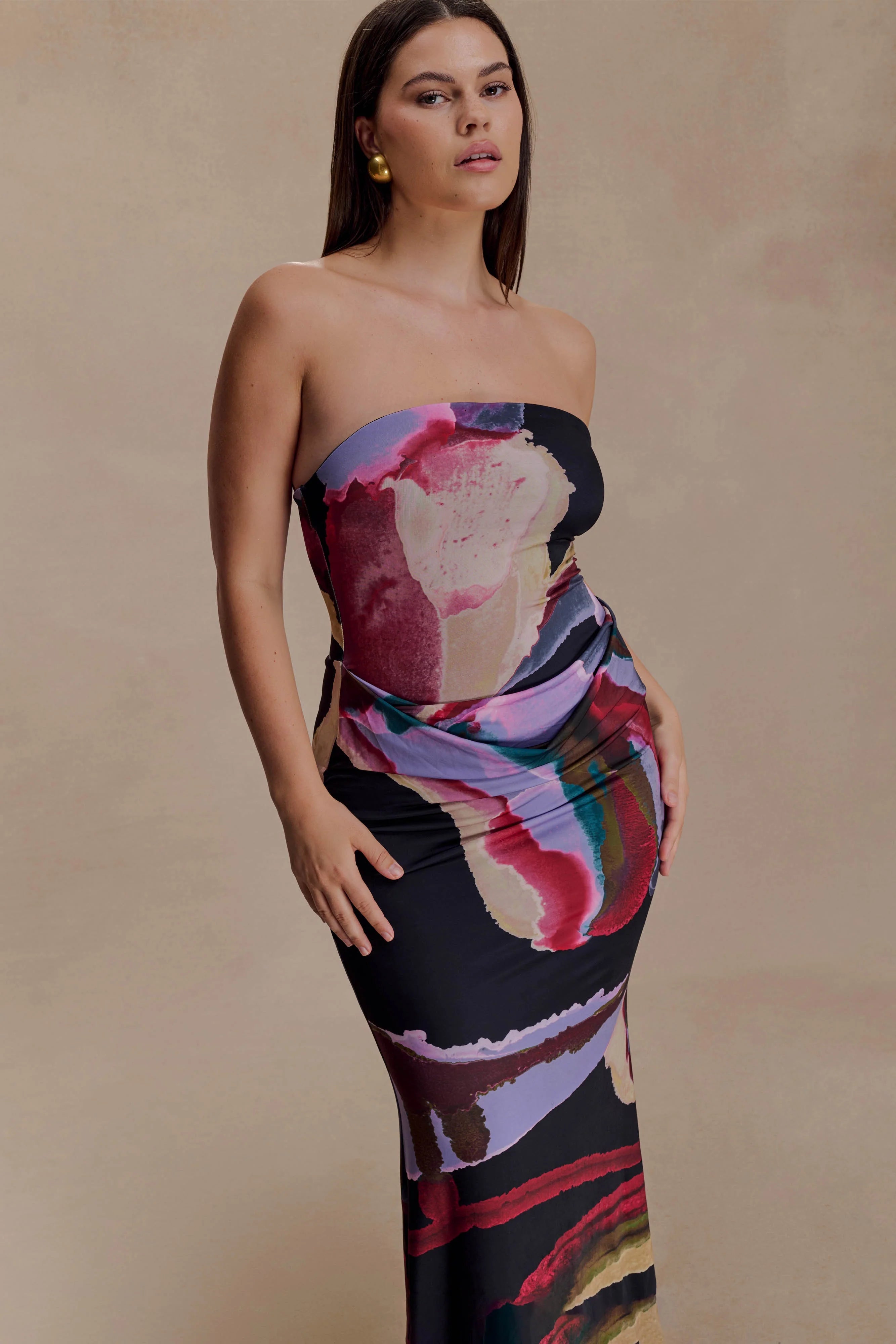 Madison Strapless Slinky Maxi Dress Multi Fluid Reverie Print