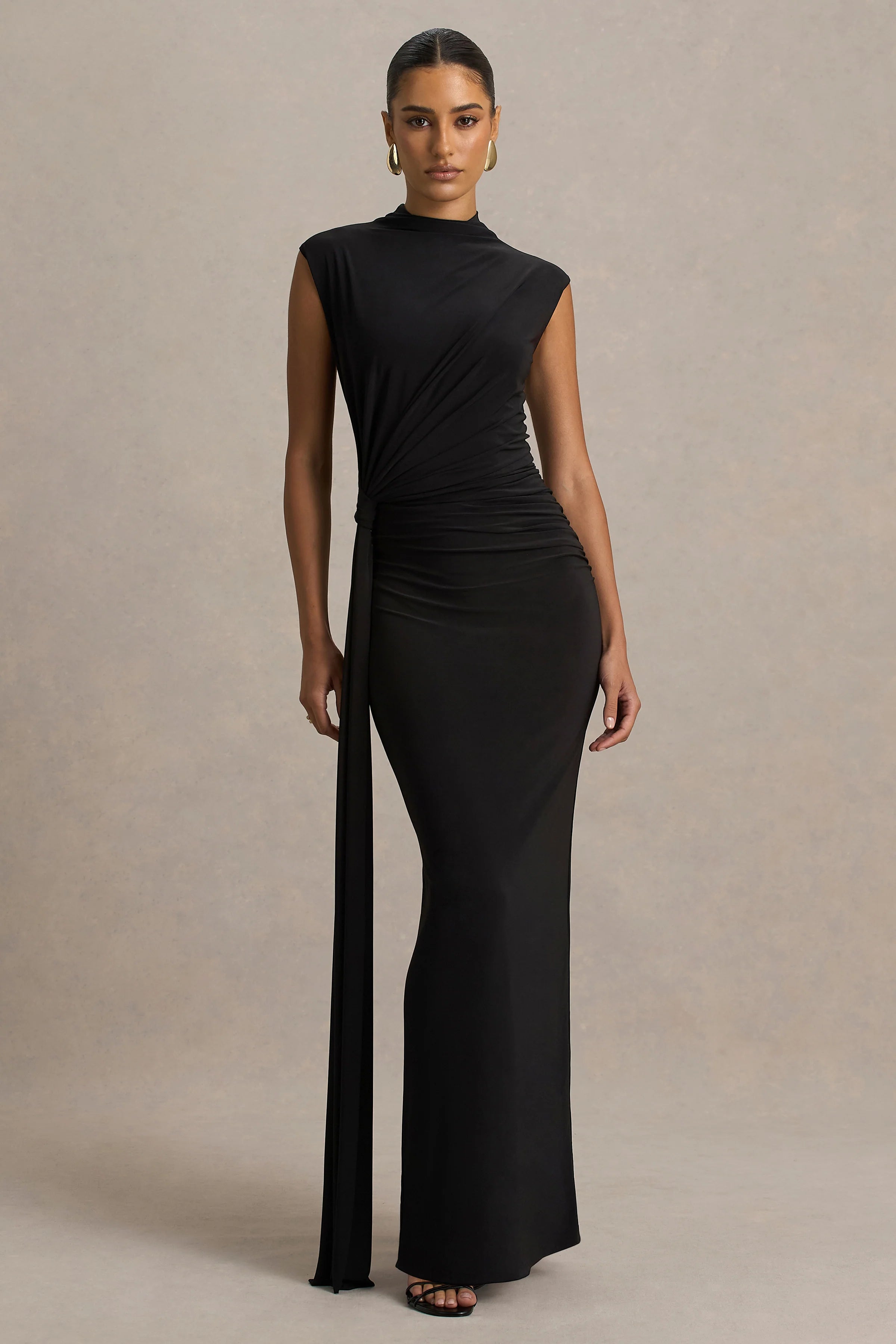 Solene Black High Neck Maxi Dress With Wrap And Drape Detail