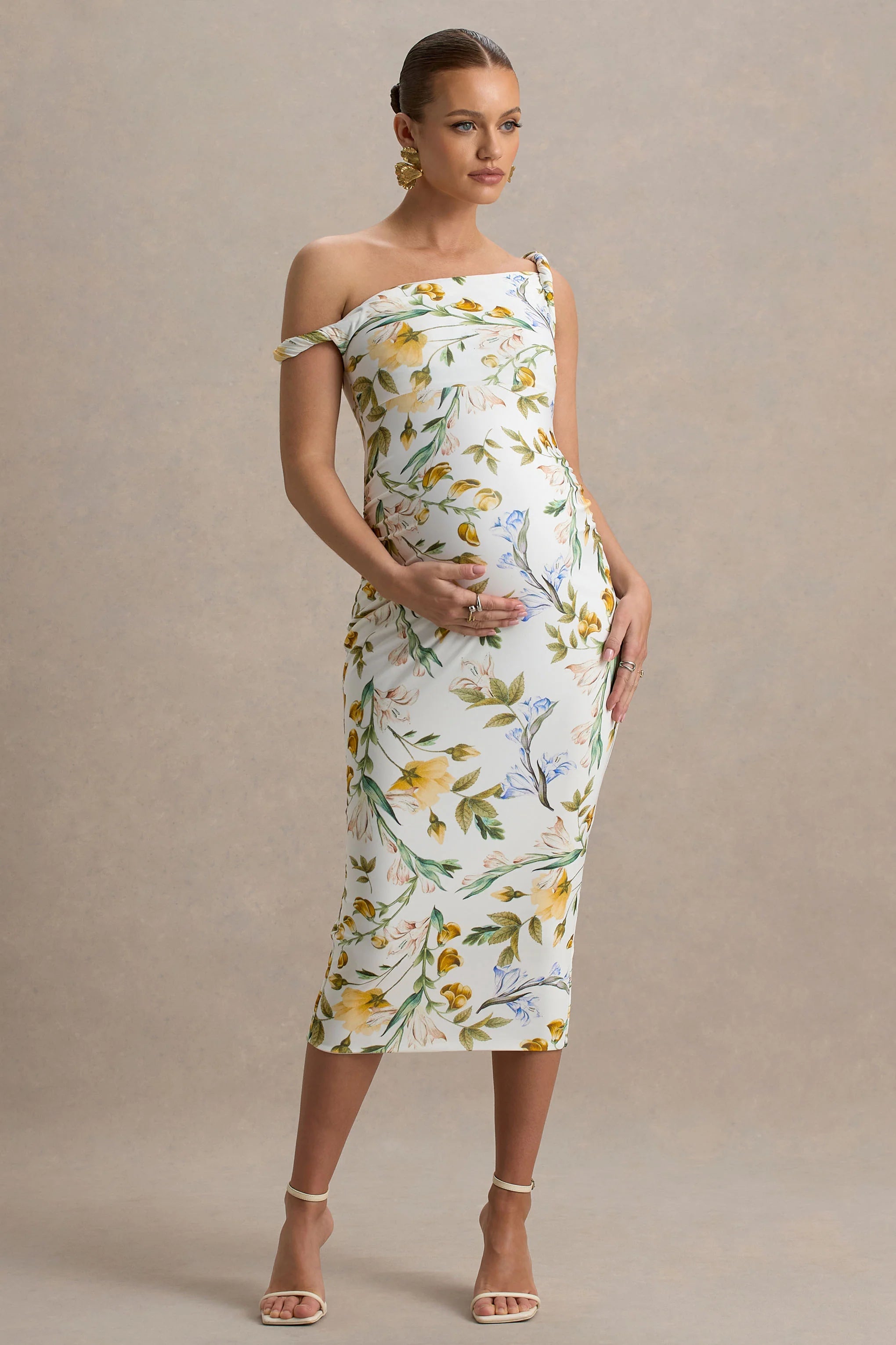 Salome Lemon Floral Print Twisted Asymmetric Maternity Midi Dress