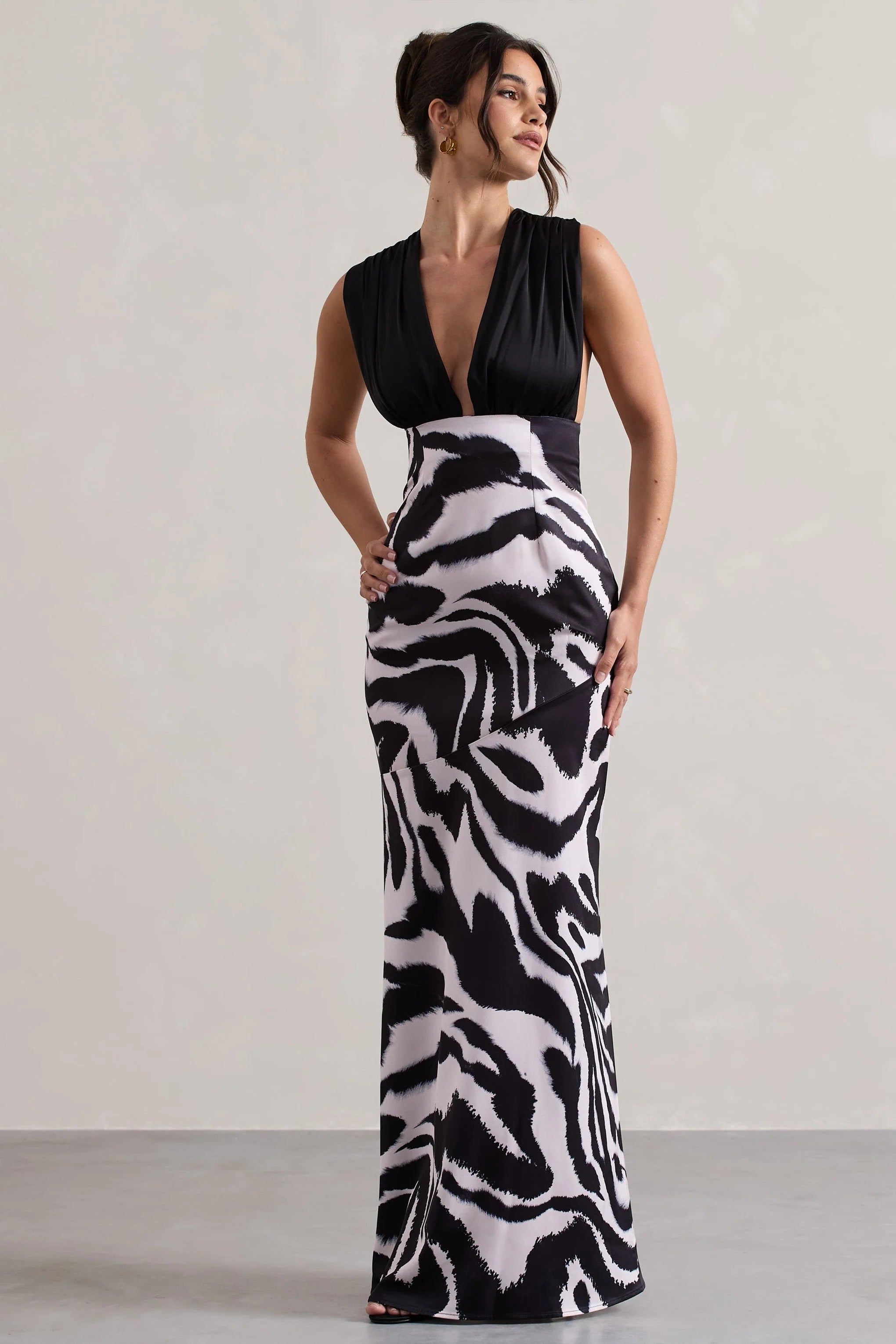 Azzara Zebra Print Satin Ruched V Neck Maxi Dress
