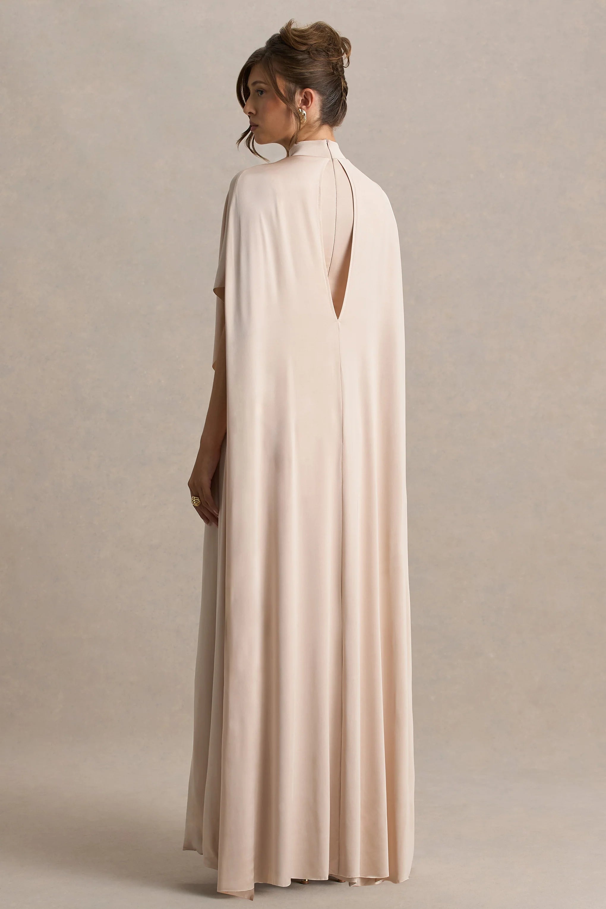 Olessia Champagne Belted Gathered Cape Sleeve Maxi Dress